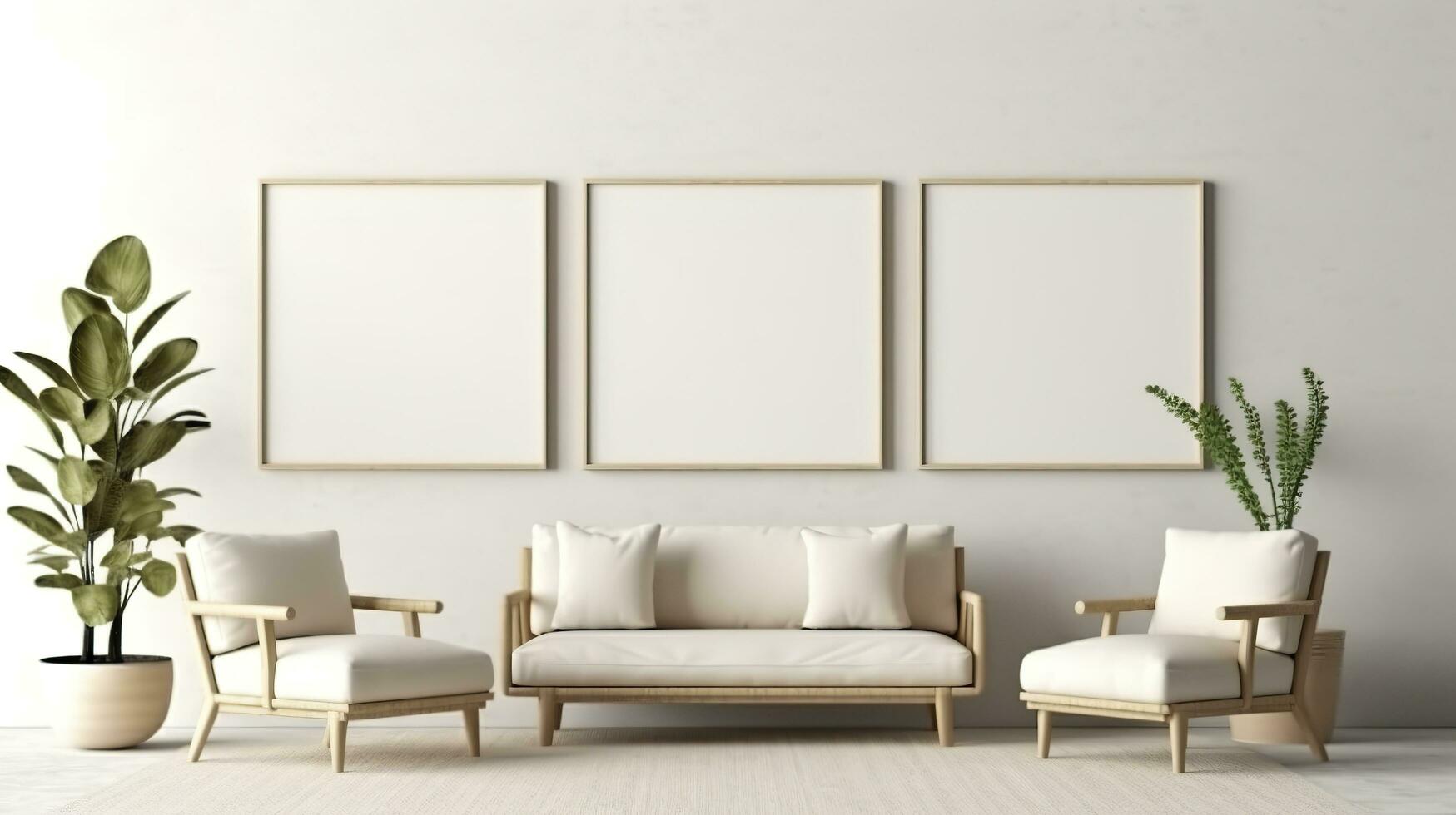 Modern cozy mock up and decoration furniture of living room and empty canvas frame on the white wall texture background, 3D rendering. AI Generative photo