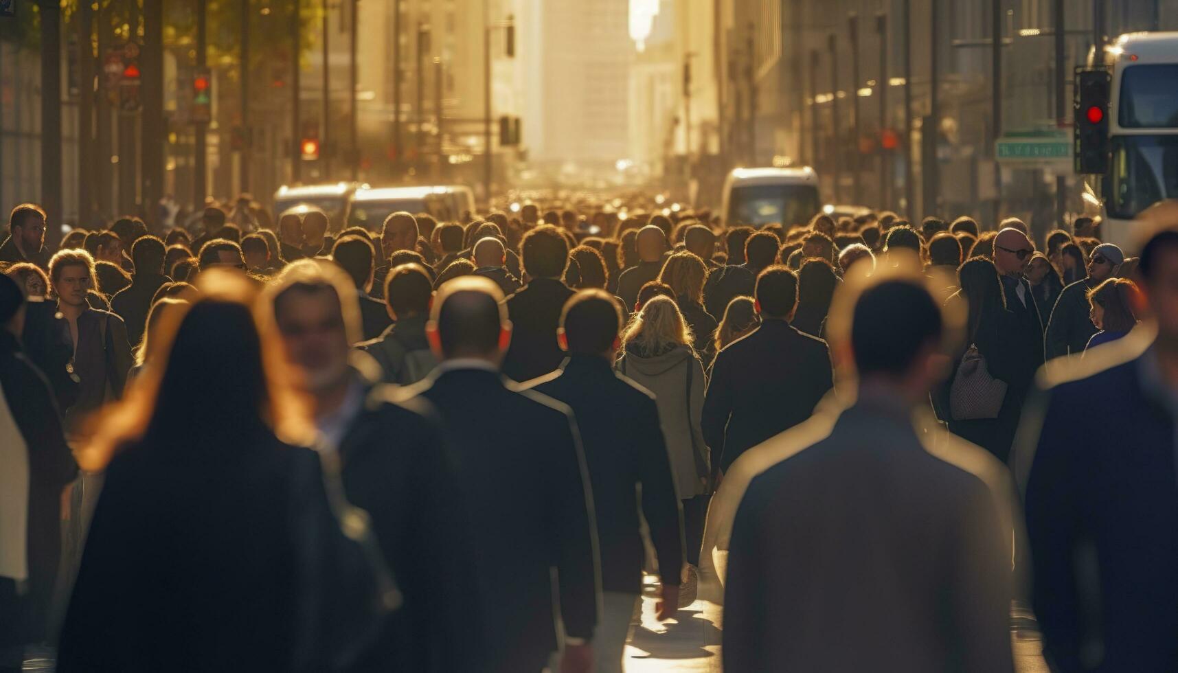 Crowd of people walking busy city street backlit. Generative AI photo