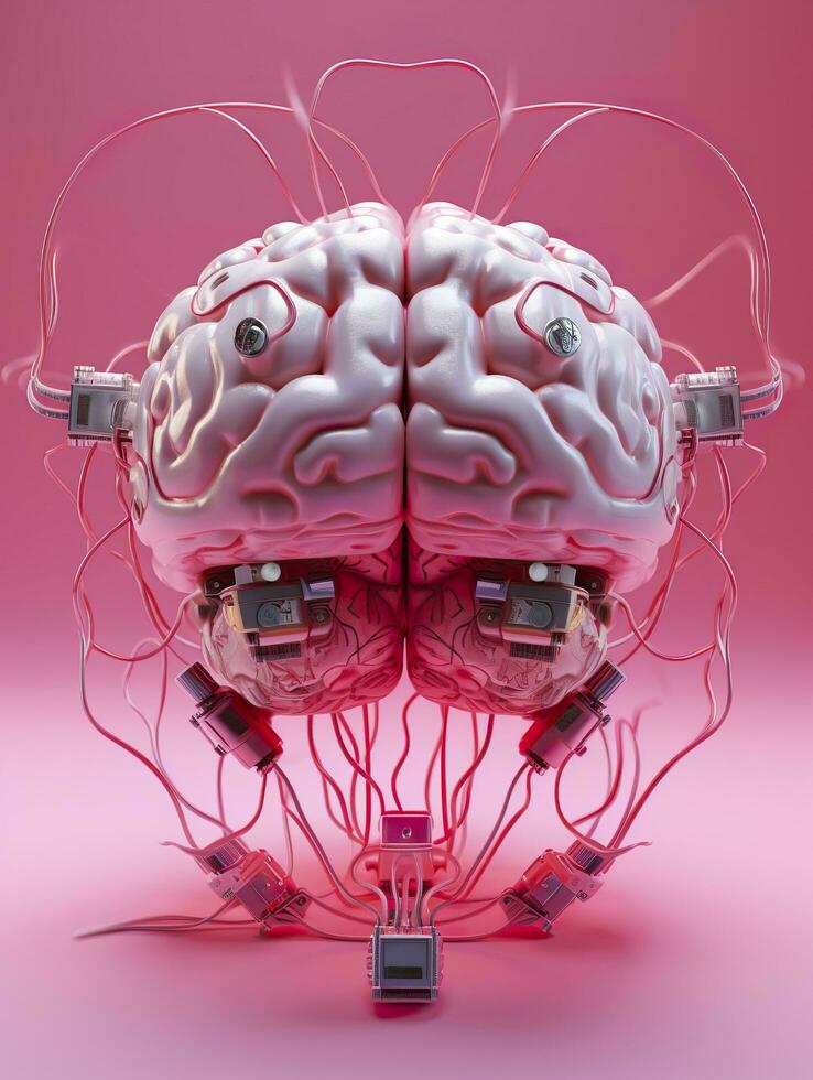 Big pink human brain with many audio jack cables plugged in this barin, 3d render, AI Generative photo