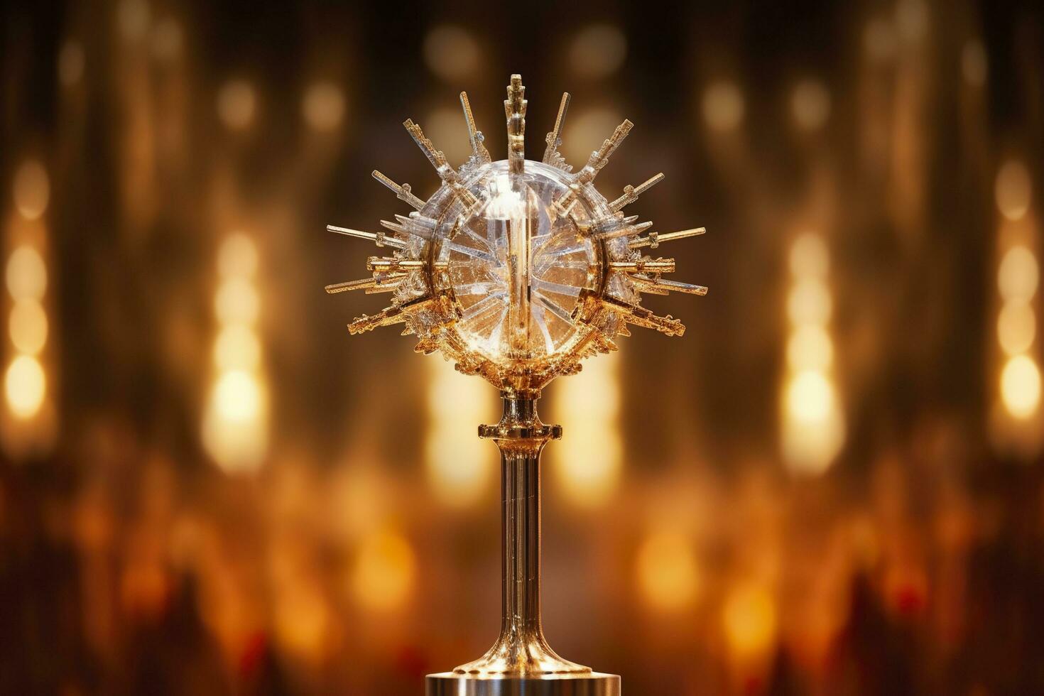 The golden monstrance with a little transparent crystal center, consecrated host. church defocused background. AI Generative photo