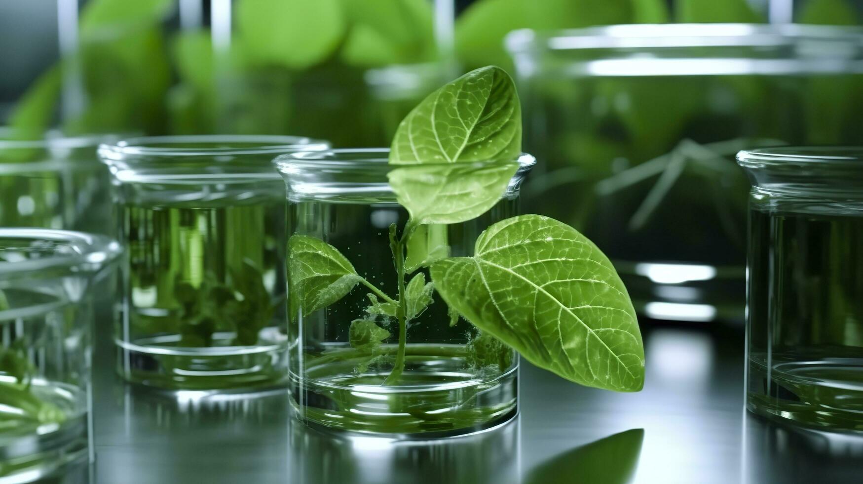 Biotechnology concept with green plant leaves, laboratory glassware, and conducting research, illustrating the powerful combination of nature and science in medical advancements.  AI Generative photo