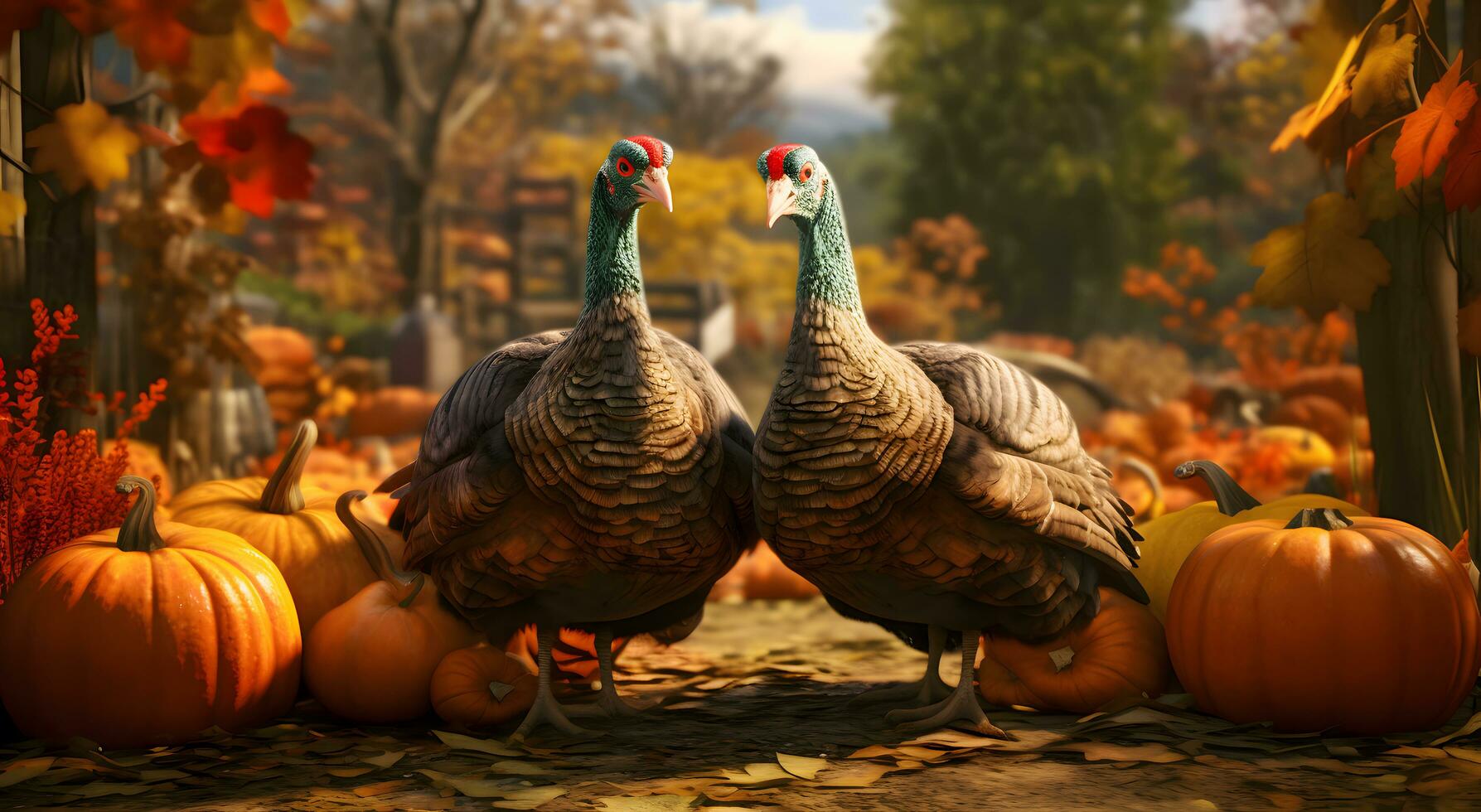 dos pavos mirando a calabazas y hojas, acción de gracias concepto, generativo ai foto