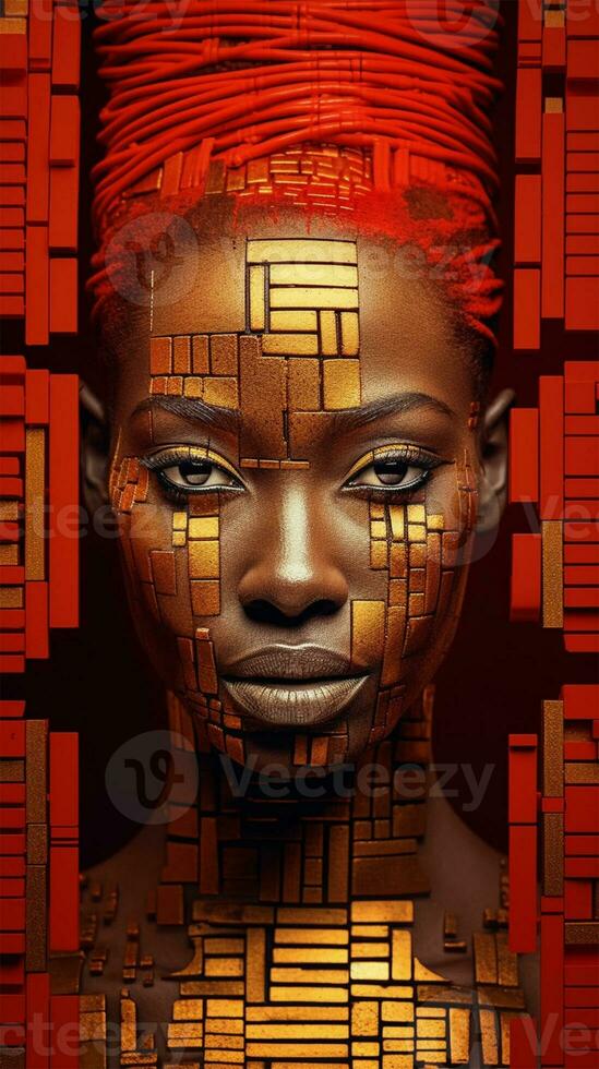 the art of beautifying the body. african american beauty with graphic golden pattern on her face and body. body painting with ethnic motifs and ornament.Banner or poster photo