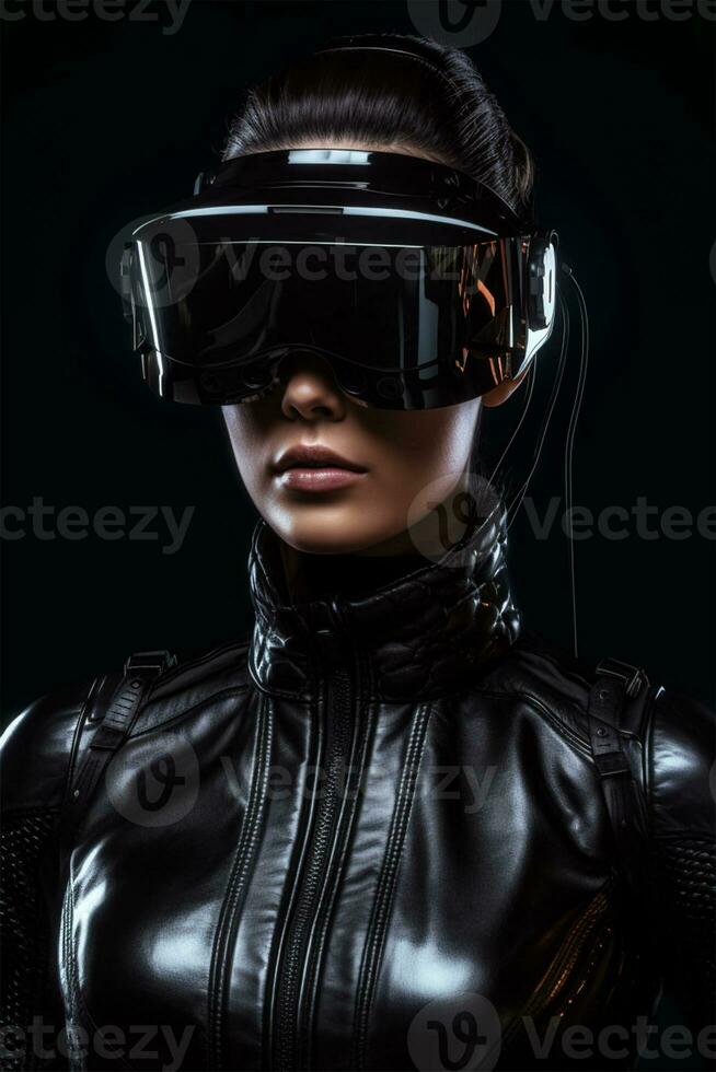 A beautiful athletic girl in VR glasses and a black latex suit, immersed in virtual reality and using augmented reality technology. photo