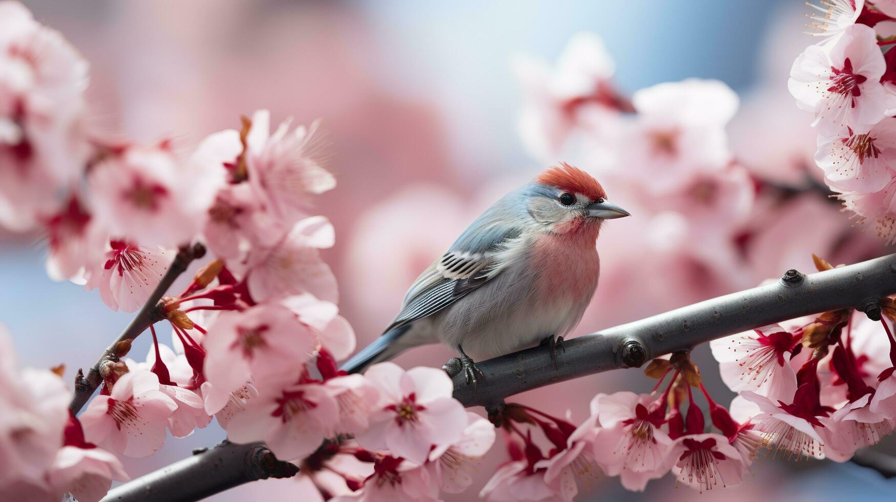 Birds sitting in a tree filled with cherry blossom flowers. Generative AI photo