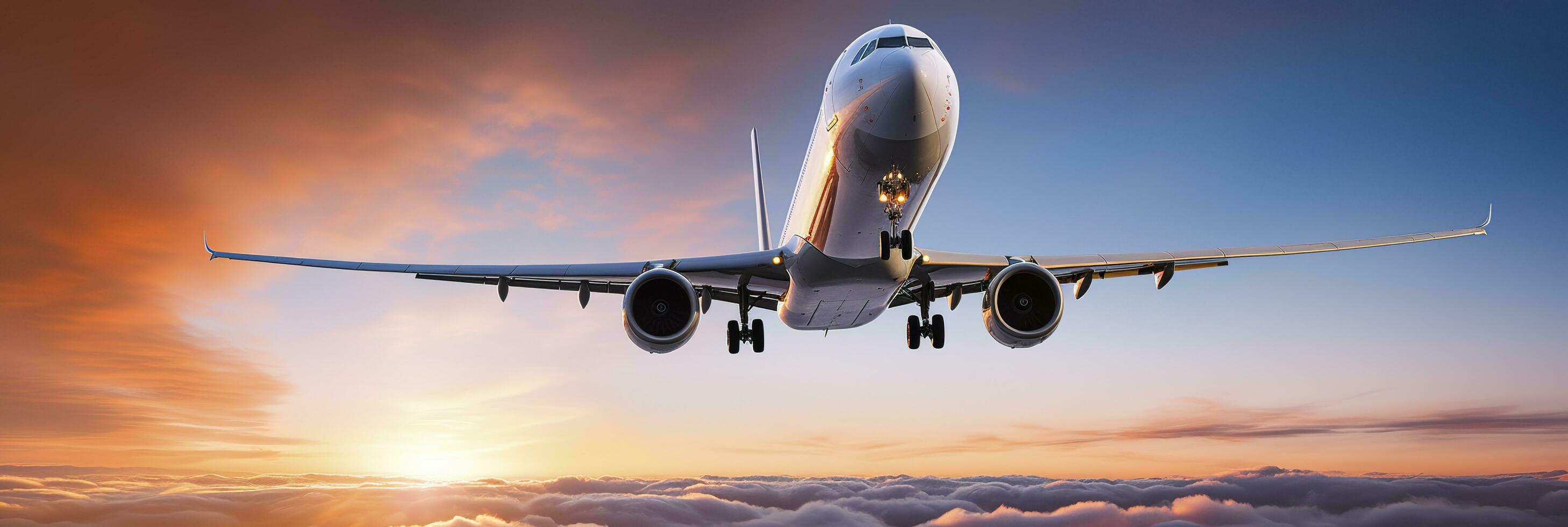 Commercial airplane flying above dramatic clouds during sunset. Generative AI photo