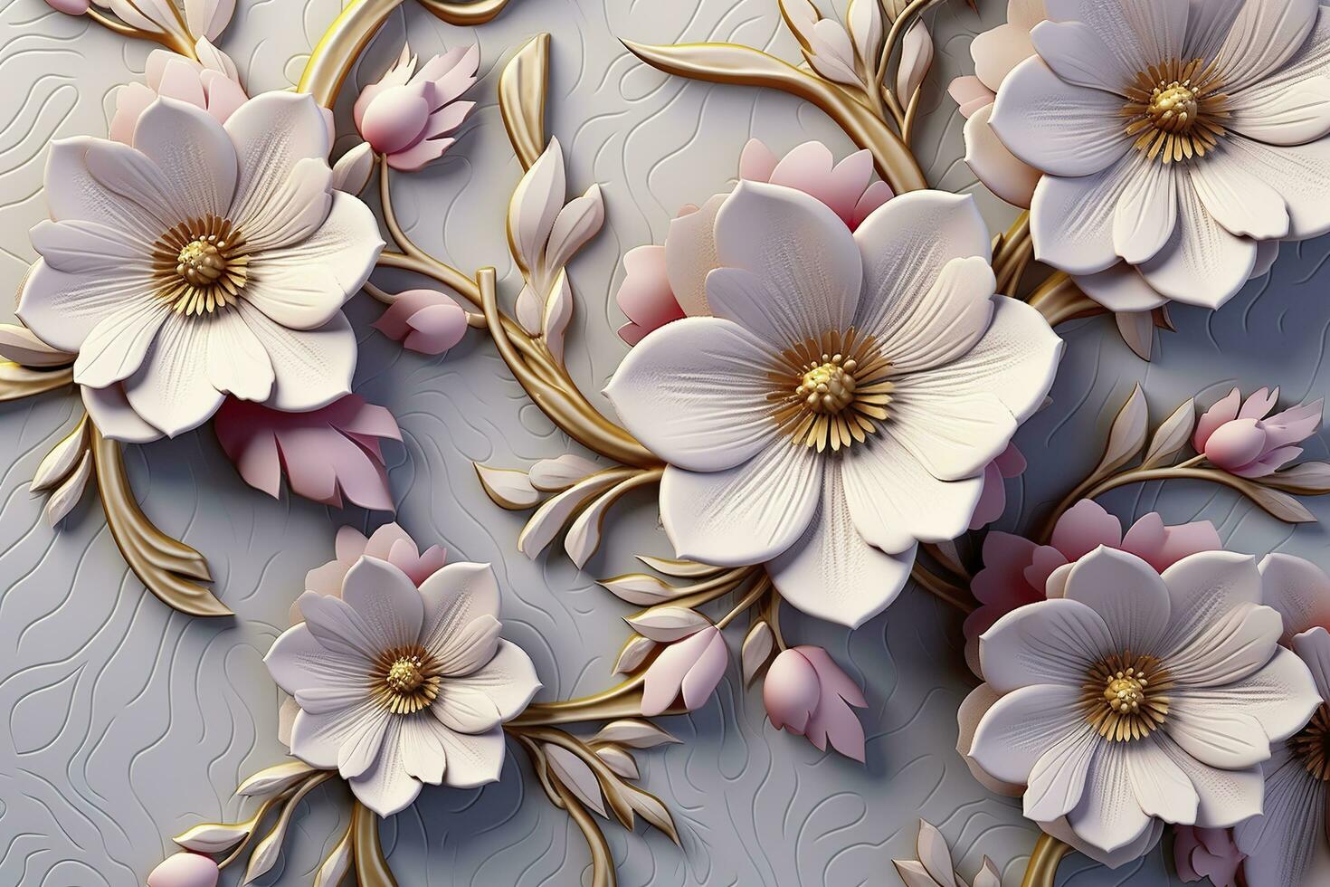 Elegant colorful 3d flowers with leaves on a tree illustration background. Generative AI photo