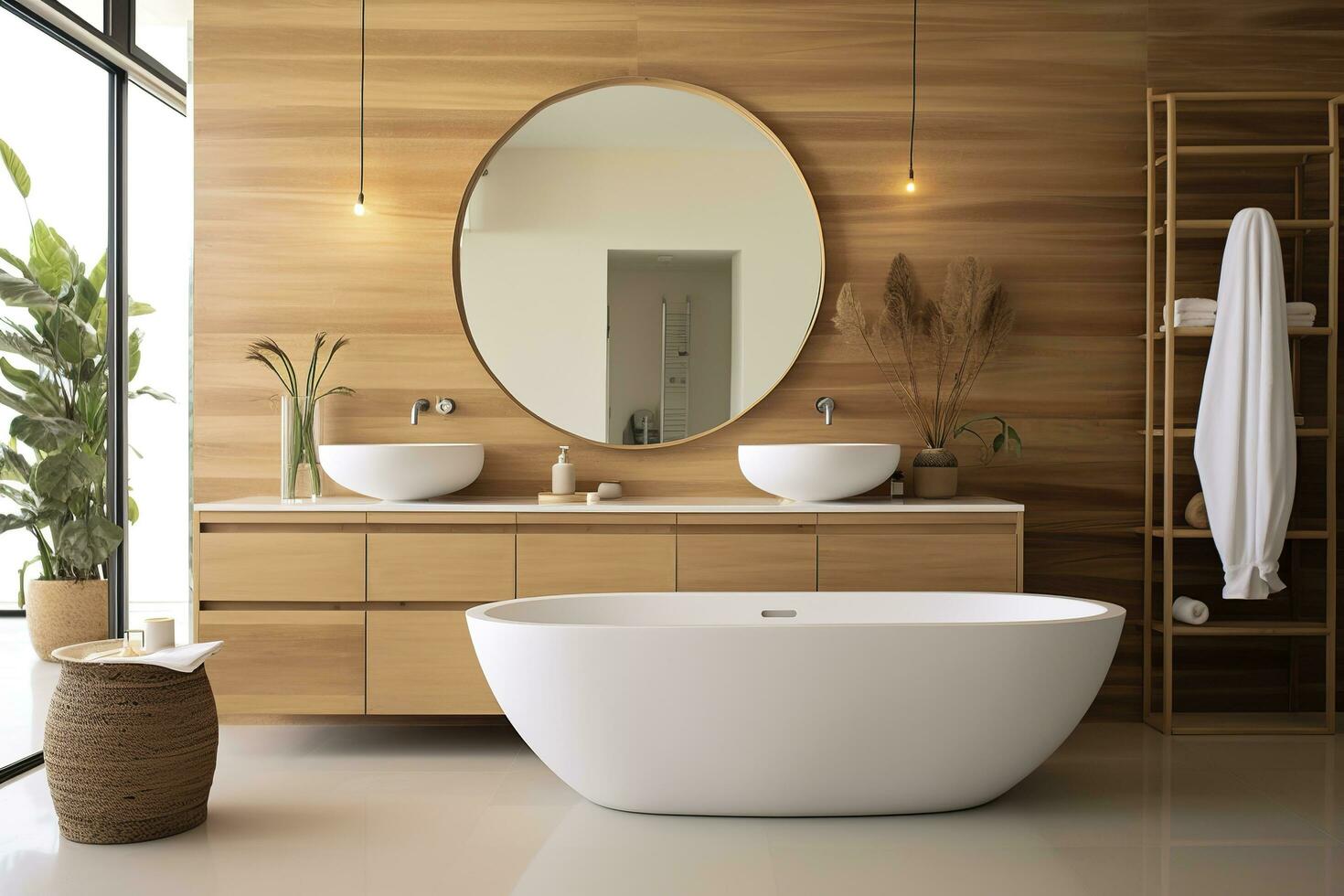 Interior of stylish bathroom with wooden cabinet, sink, bathtub, and mirror. AI Generated photo