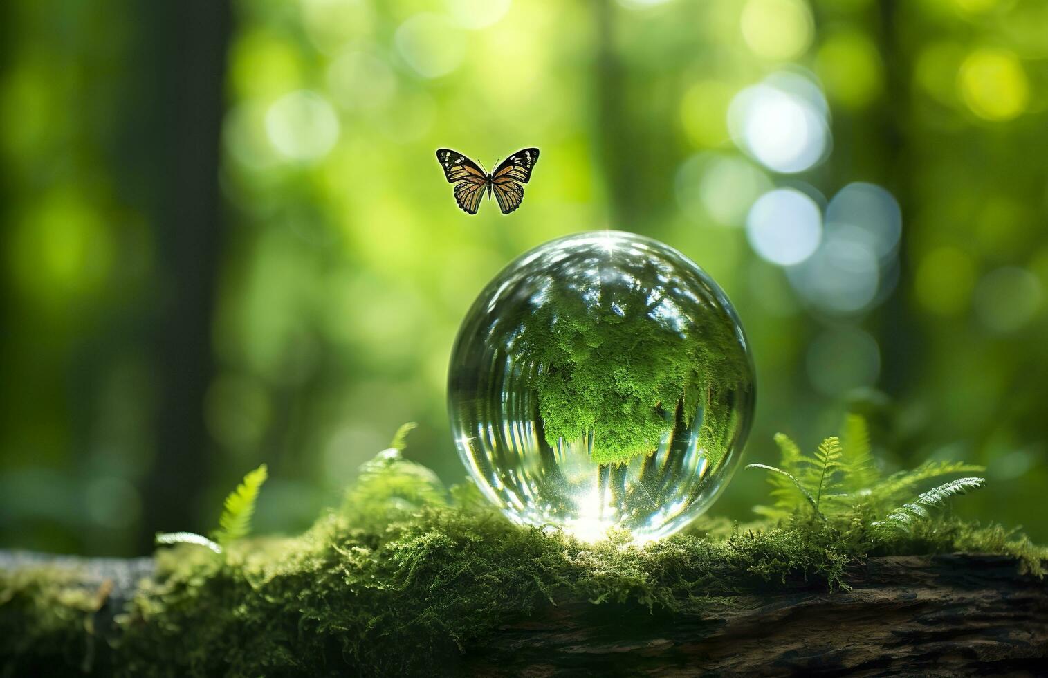 Butterfly and Crystal ball on a tree stump in the forest, natural green background. Generative AI photo