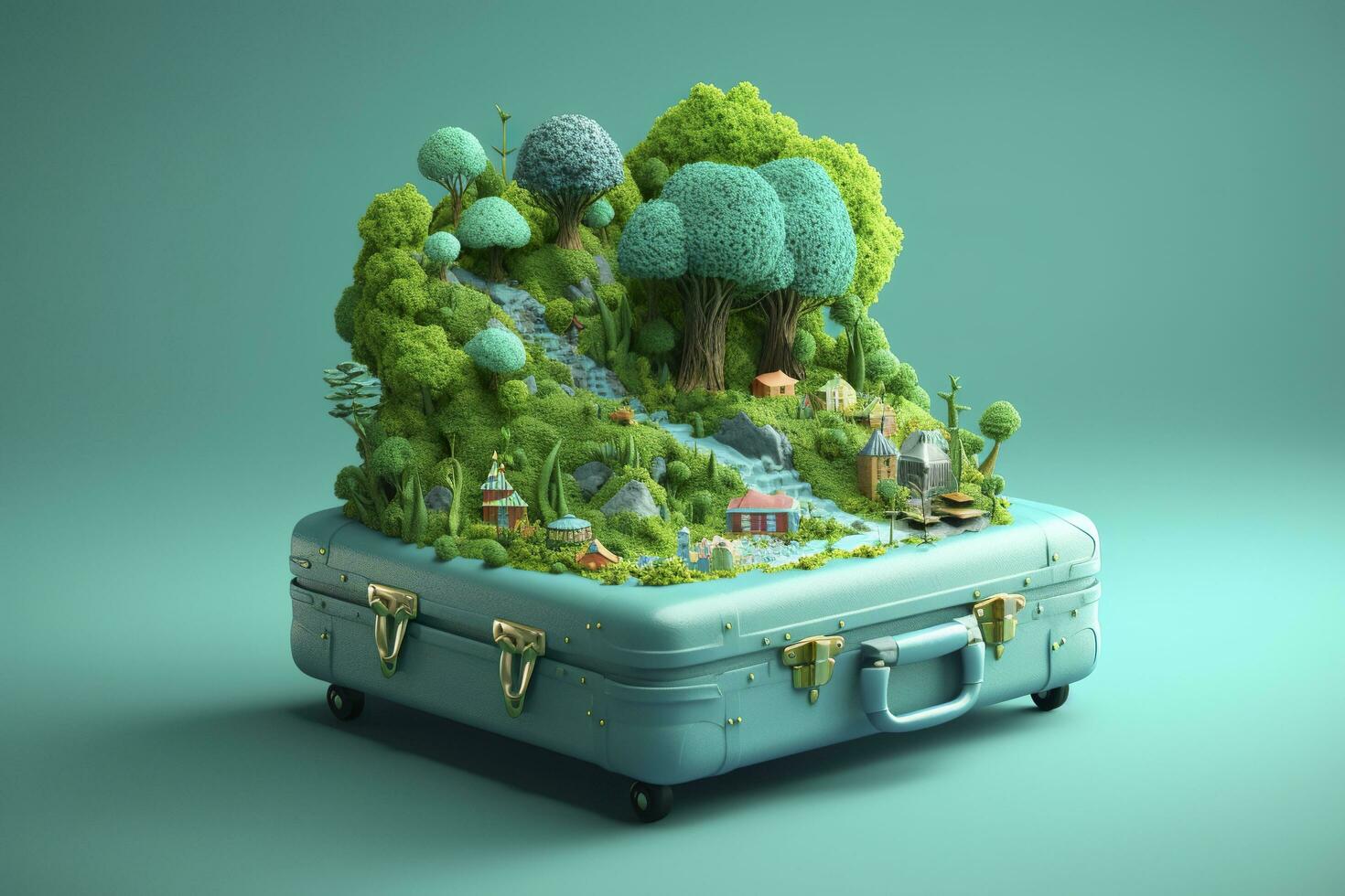 Surreal 3D Landscape Illustration of a Forest River with Luggage in Light Green and Light Blue. AI Generative photo