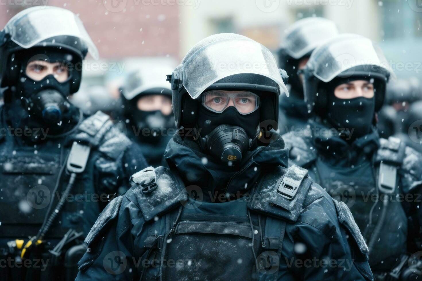 police in full gear on the street. police in helmets, helmets and bulletproof vests fight protests and riots photo