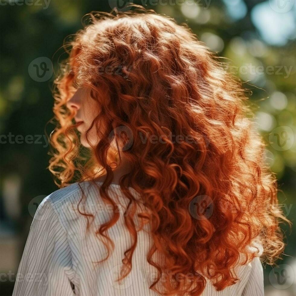 young woman with red and curly hair on the city street .back view. Banner or poster. Social media content for beauty salons photo
