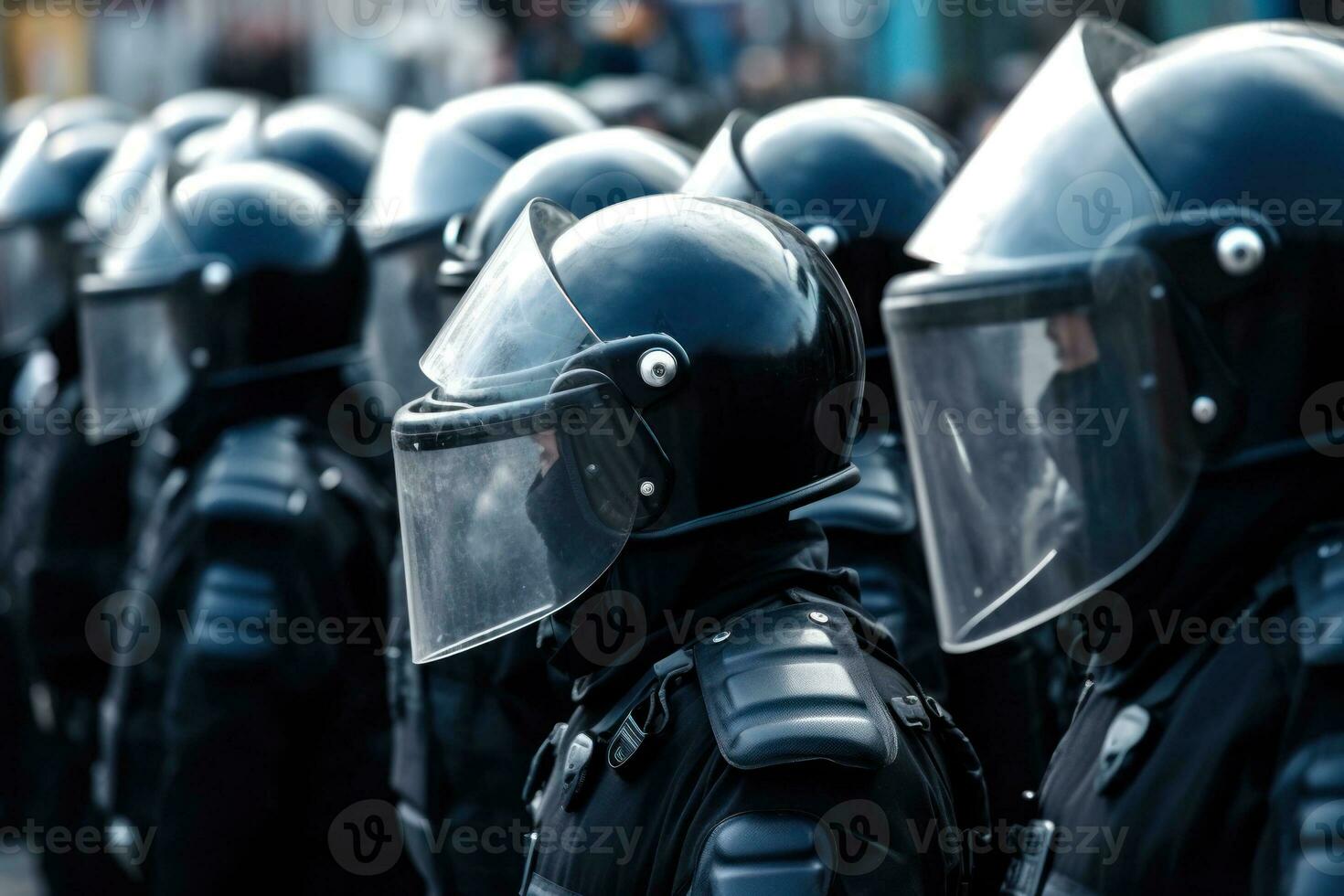 police in full gear on the street. police in helmets, helmets and bulletproof vests fight protests and riots photo