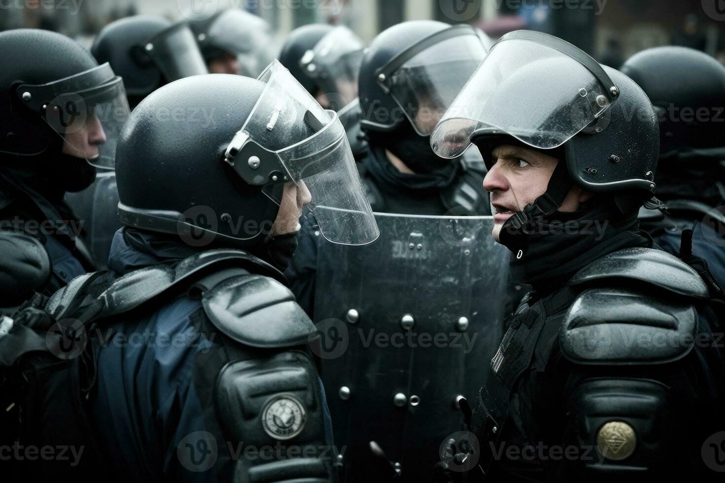 police in full gear on the street. police in helmets, helmets and bulletproof vests fight protests and riots photo