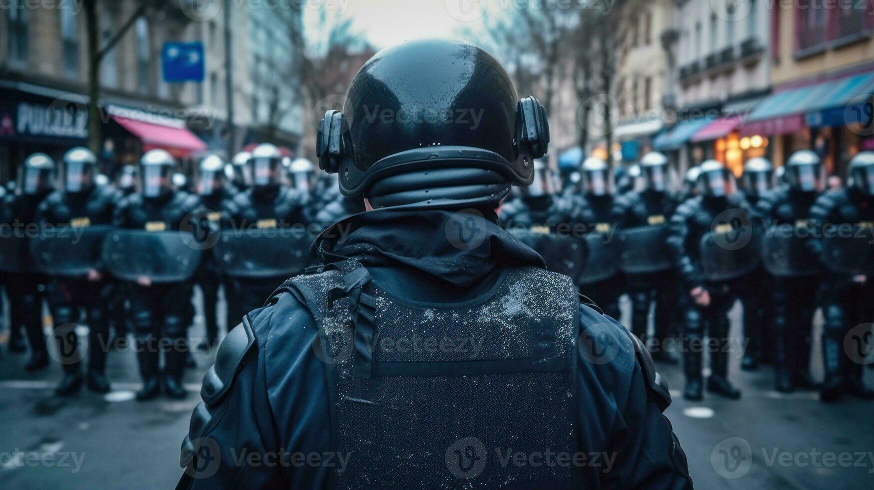 policía en lleno engranaje en el calle. policía en cascos, cascos y a prueba de balas chalecos lucha protestas y disturbios foto