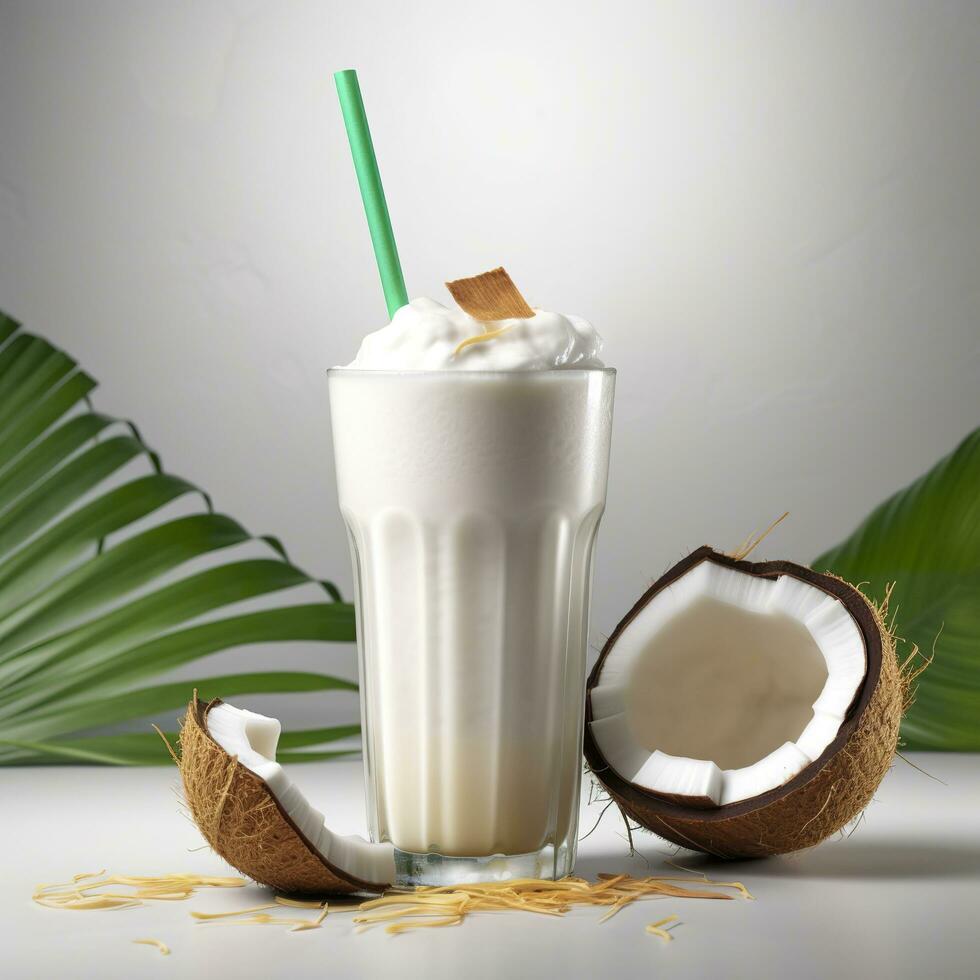 Coconut milk shake glass with fresh sliced coconut. Generative AI photo