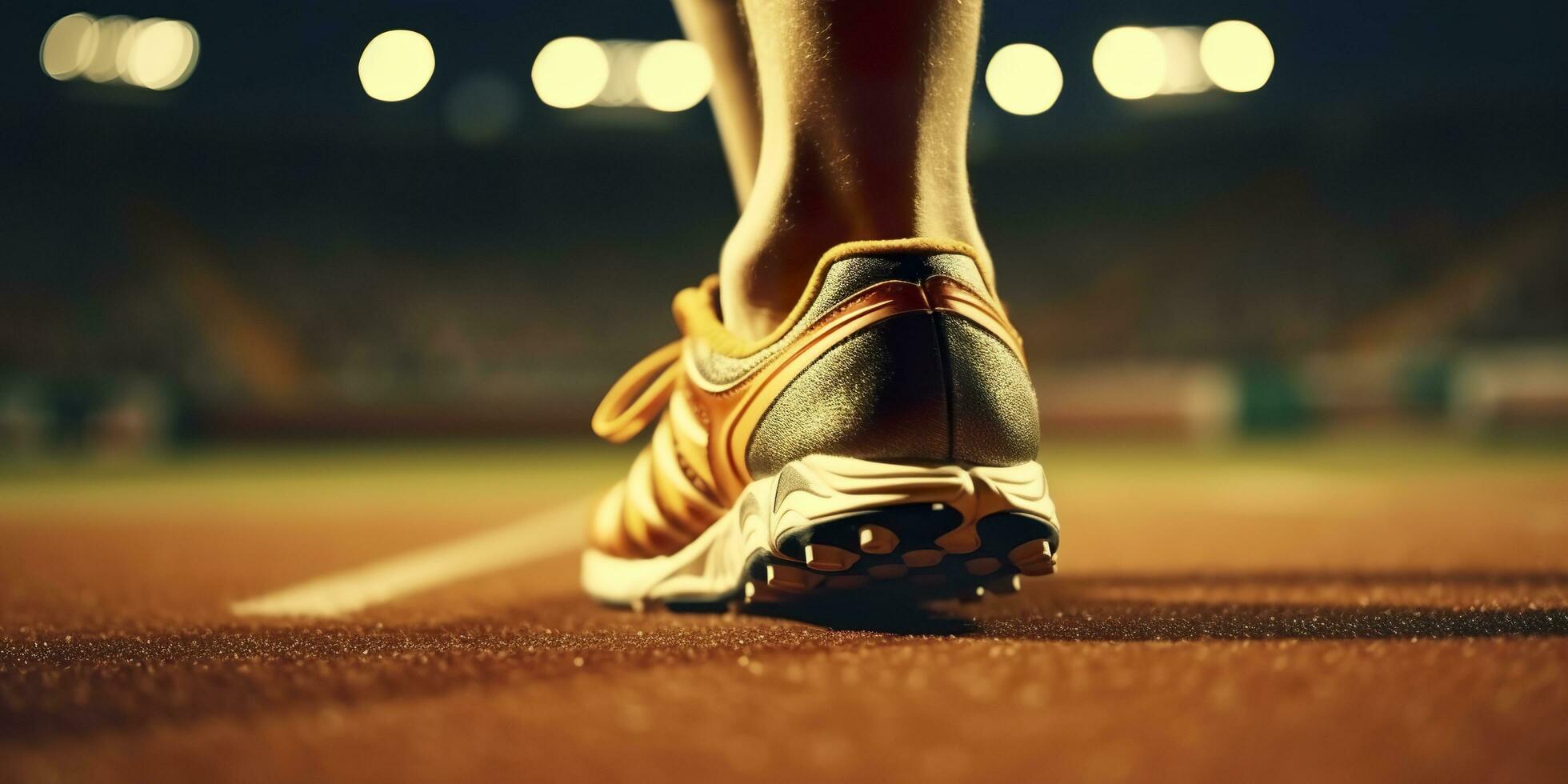 Runner feet running on a stadium, closeup on feet, sports background, space for copy, AI Generative photo