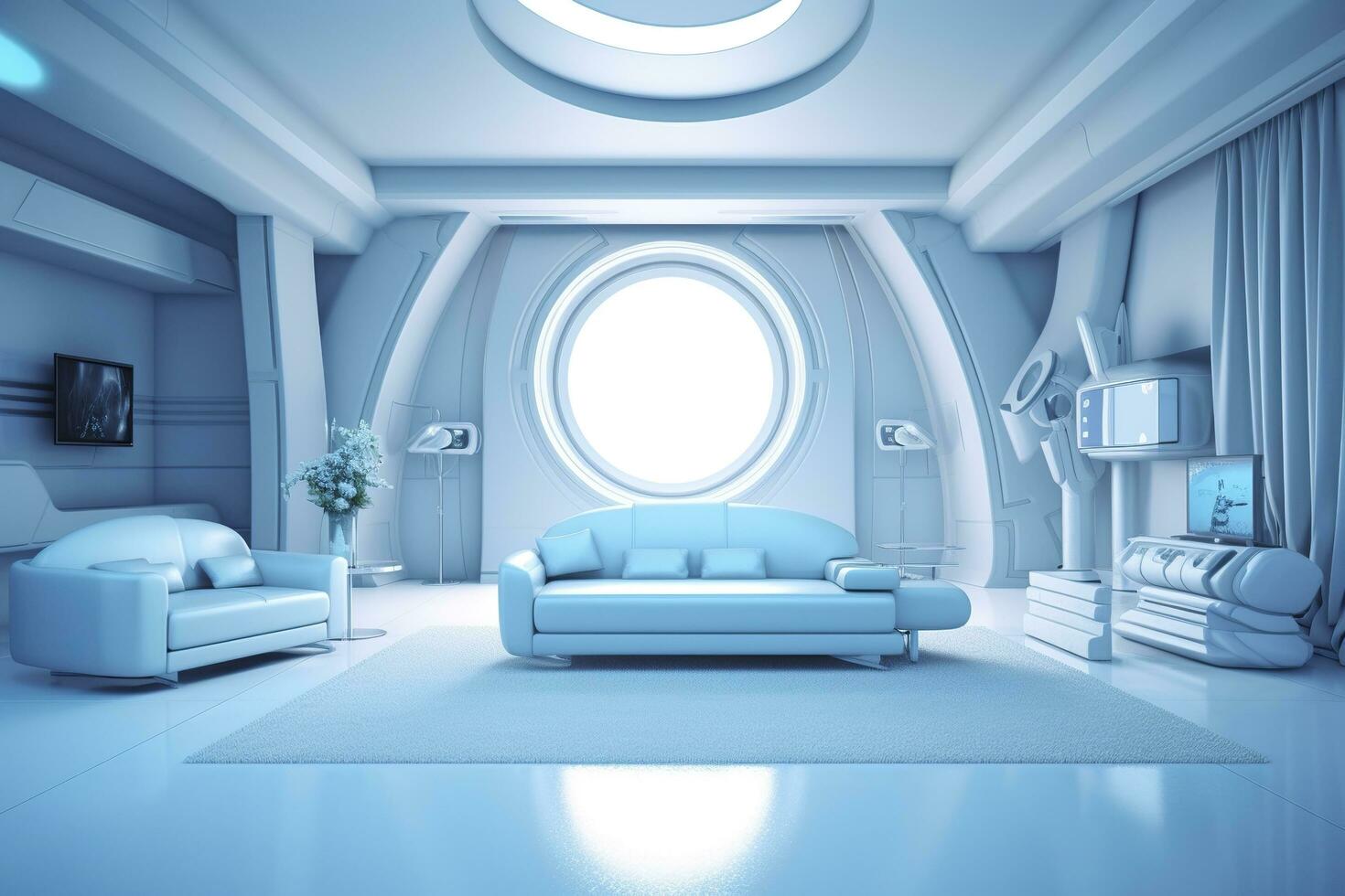 A professional and eye catching light blue with white living room in the metaverse.  AI Generative photo