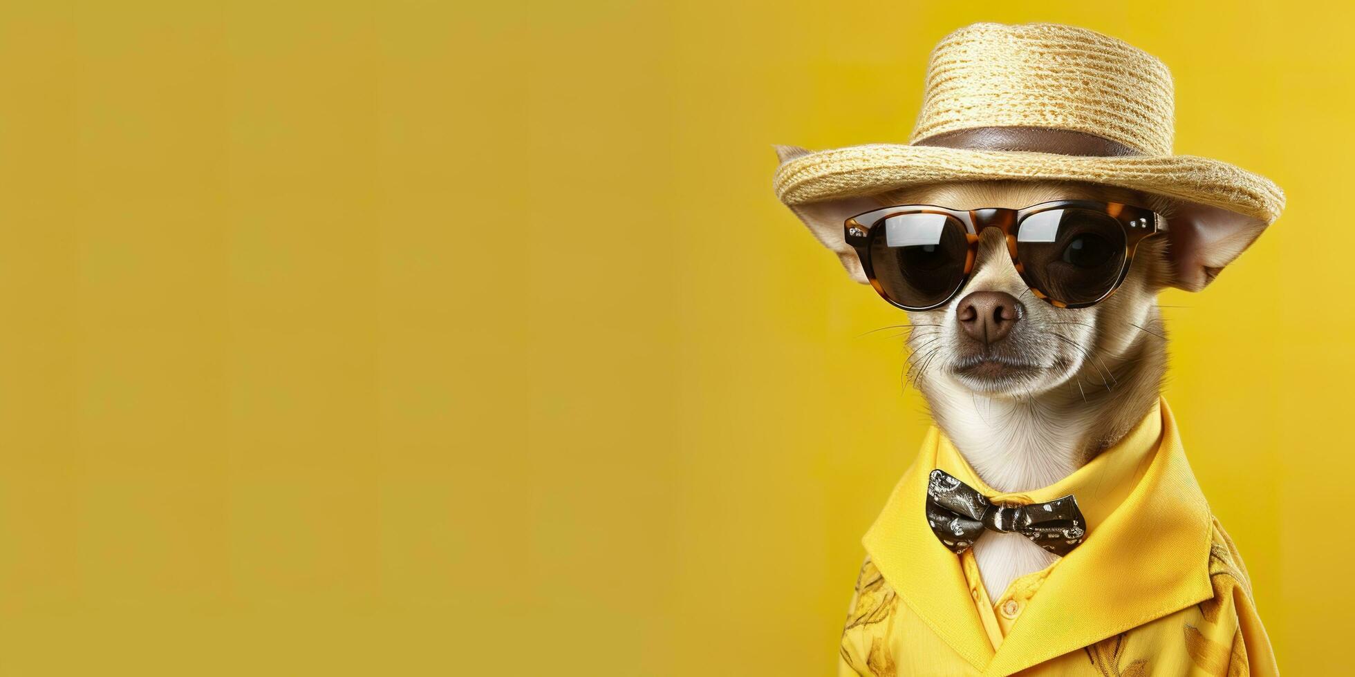 Cool looking Chihuahua dog wearing funky fashion dress. space for text right side. Generative AI photo