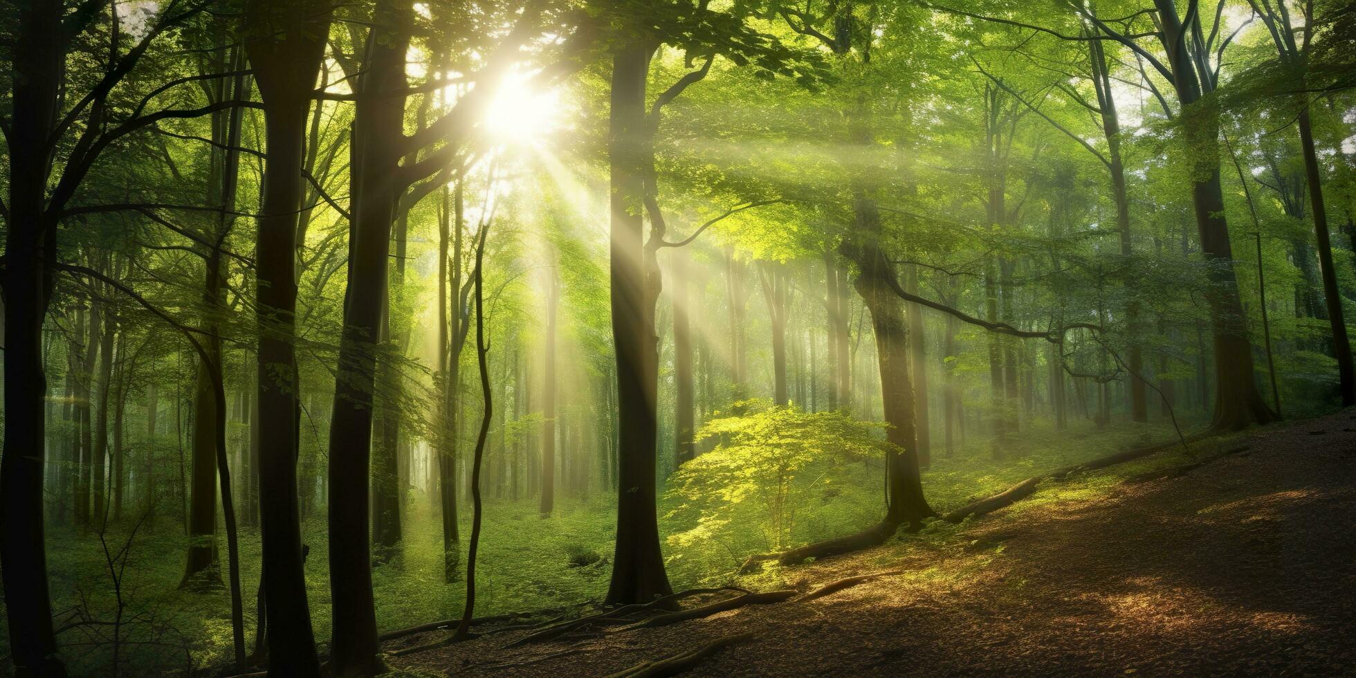 Beautiful rays of sunlight in a green forest. Generative AI photo