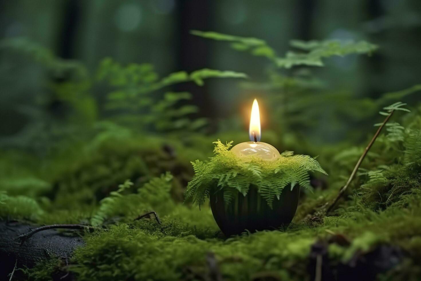 Burning candle on moss, dark green blurred the natural background. Magic candle. Generative AI photo