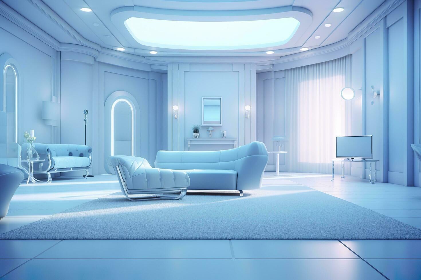 A professional and eye catching light blue with white living room in the metaverse, futuristic, AI Generative photo