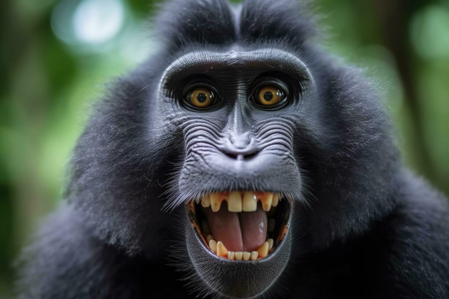 Celebes crested macaque with open mouth. Close up on the green natural background. Generative AI photo