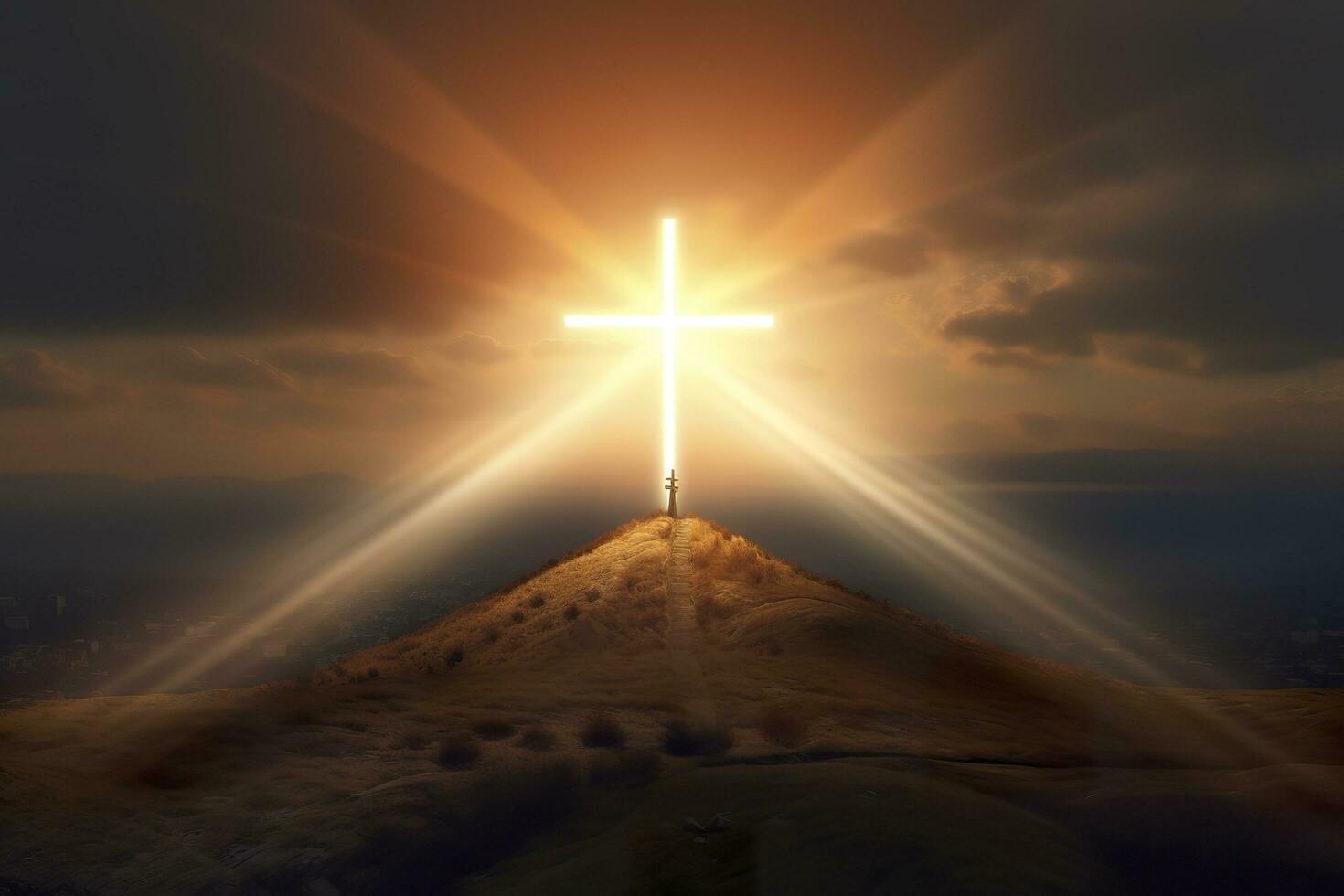 The cross of God in the rays of the sun. Cross on the hill. Religious concept. AI Generative photo