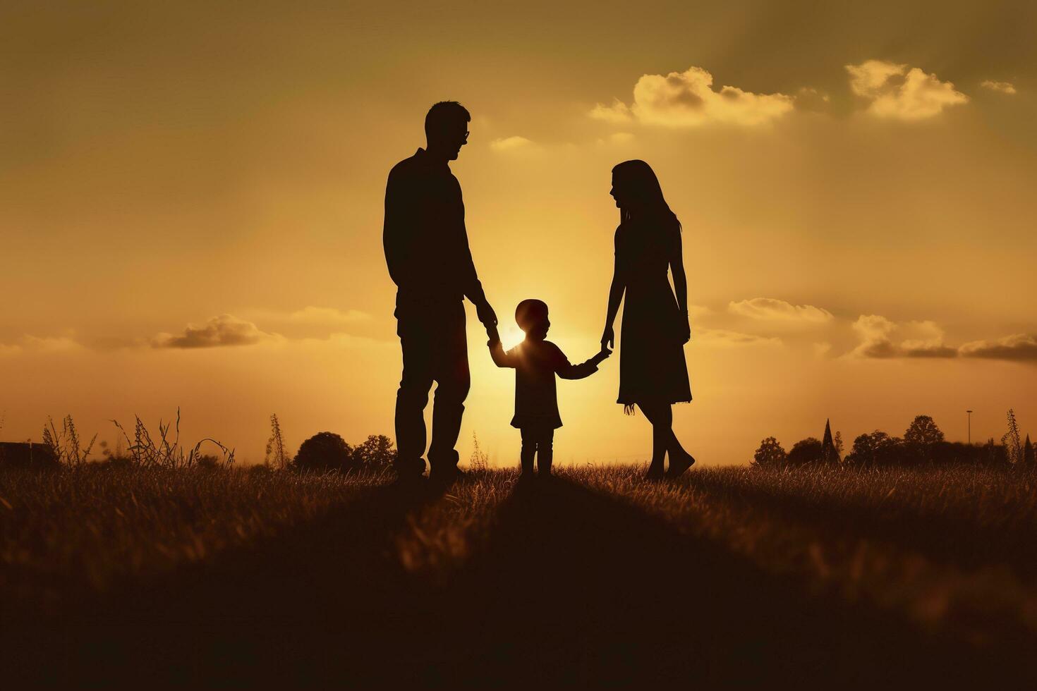 sombra de contento familia juntos, padres con su pequeño bebé a puesta de sol. un silueta de amor y unidad. ai generativo foto