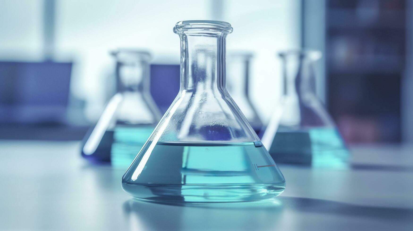 A Science Beaker in the laboratory on a table white and light blue background. laboratory equipment out of focus. AI Generative photo