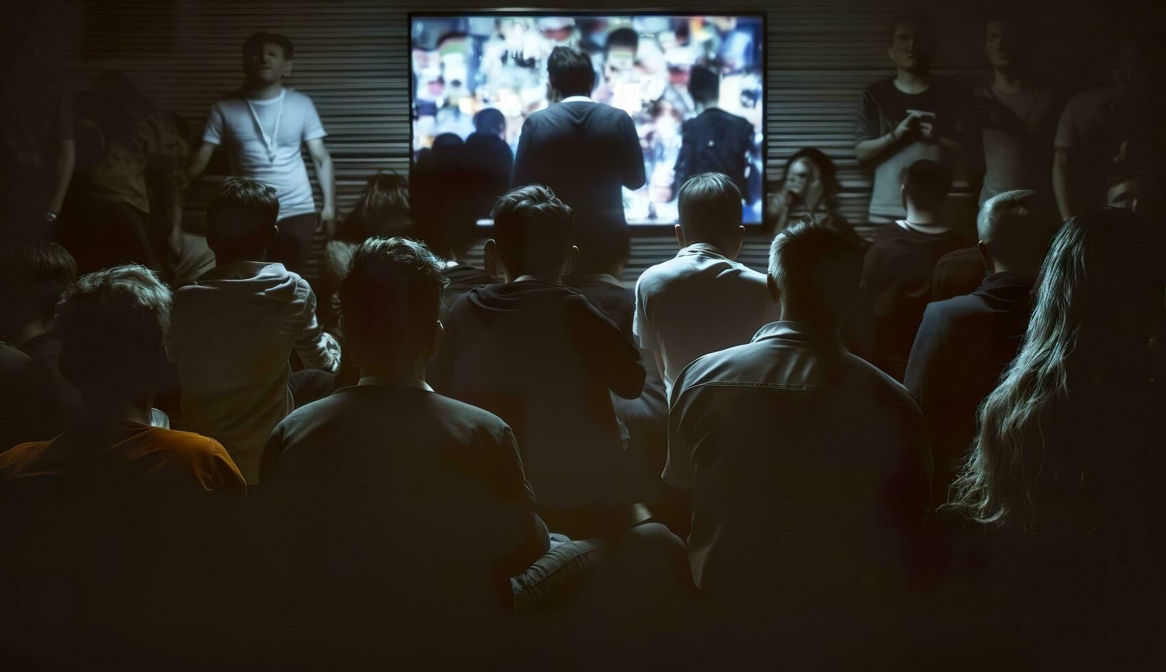 People crowd watching TV. TV addiction, propaganda and fake news concept. Generative AI photo