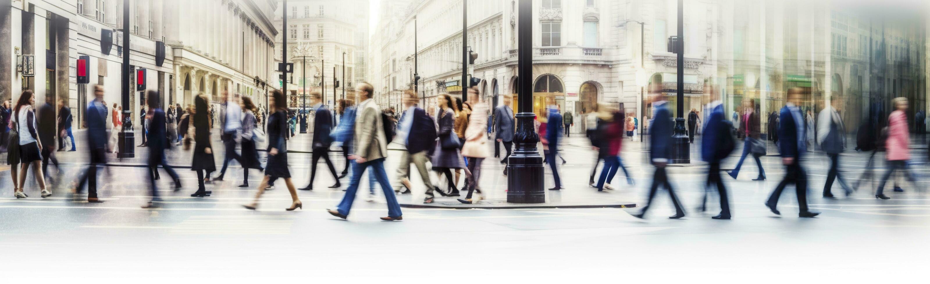 caminando personas difuminar. un montón de personas caminar en el ciudad de Londres. amplio panorámico ver de personas cruce el la carretera. ai generado foto