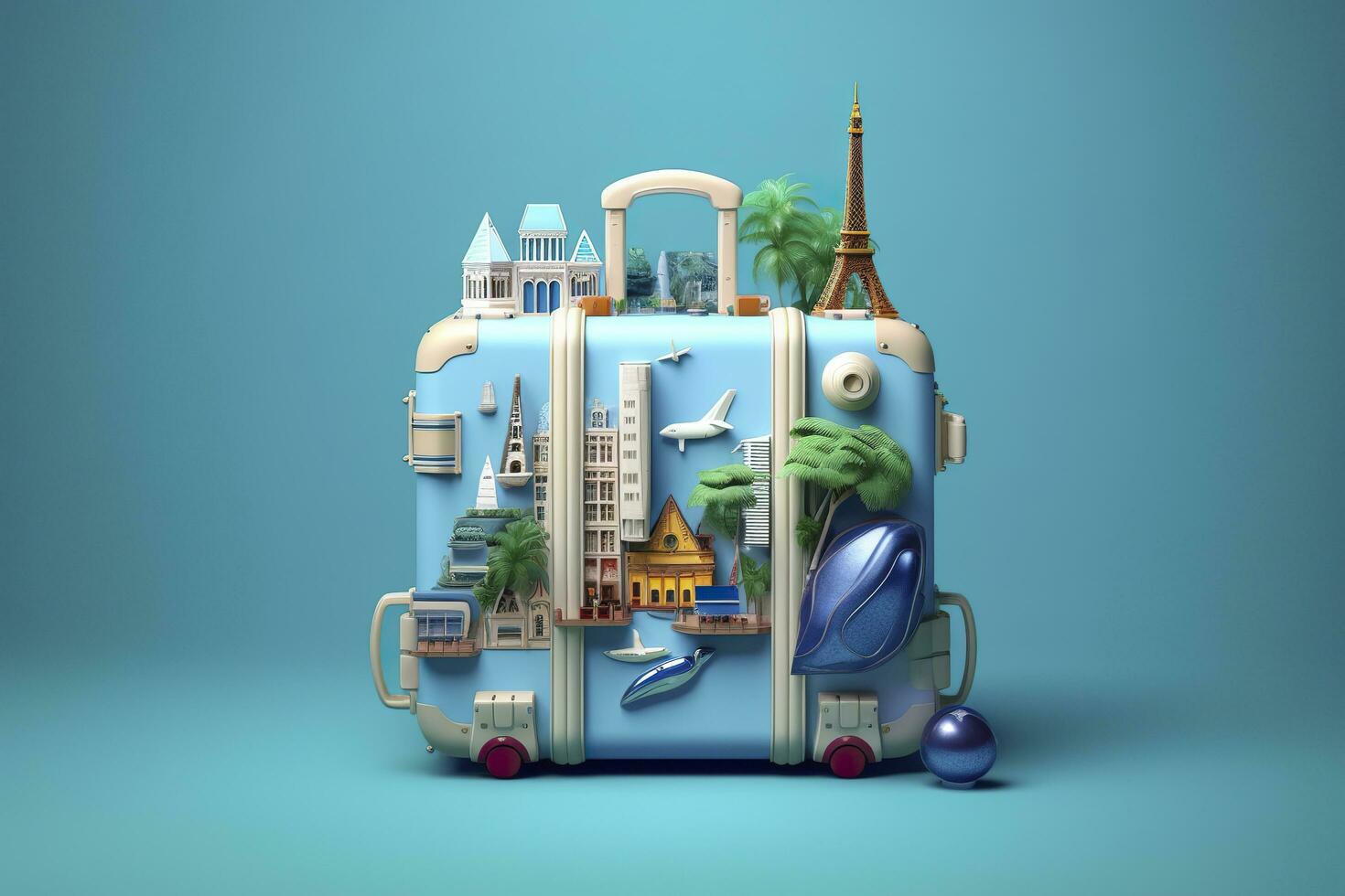 Blue suitcase full of landmarks and travel accessories on blue background. Generative AI photo