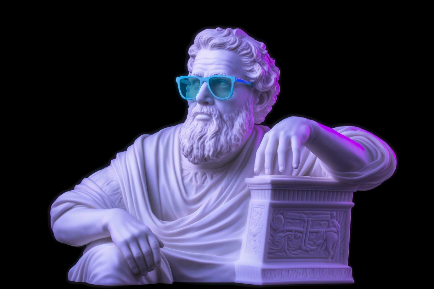 A white statue of Plato in a cool pose, wearing magenta and cyan 3D glasses, ready to party. AI Generative photo