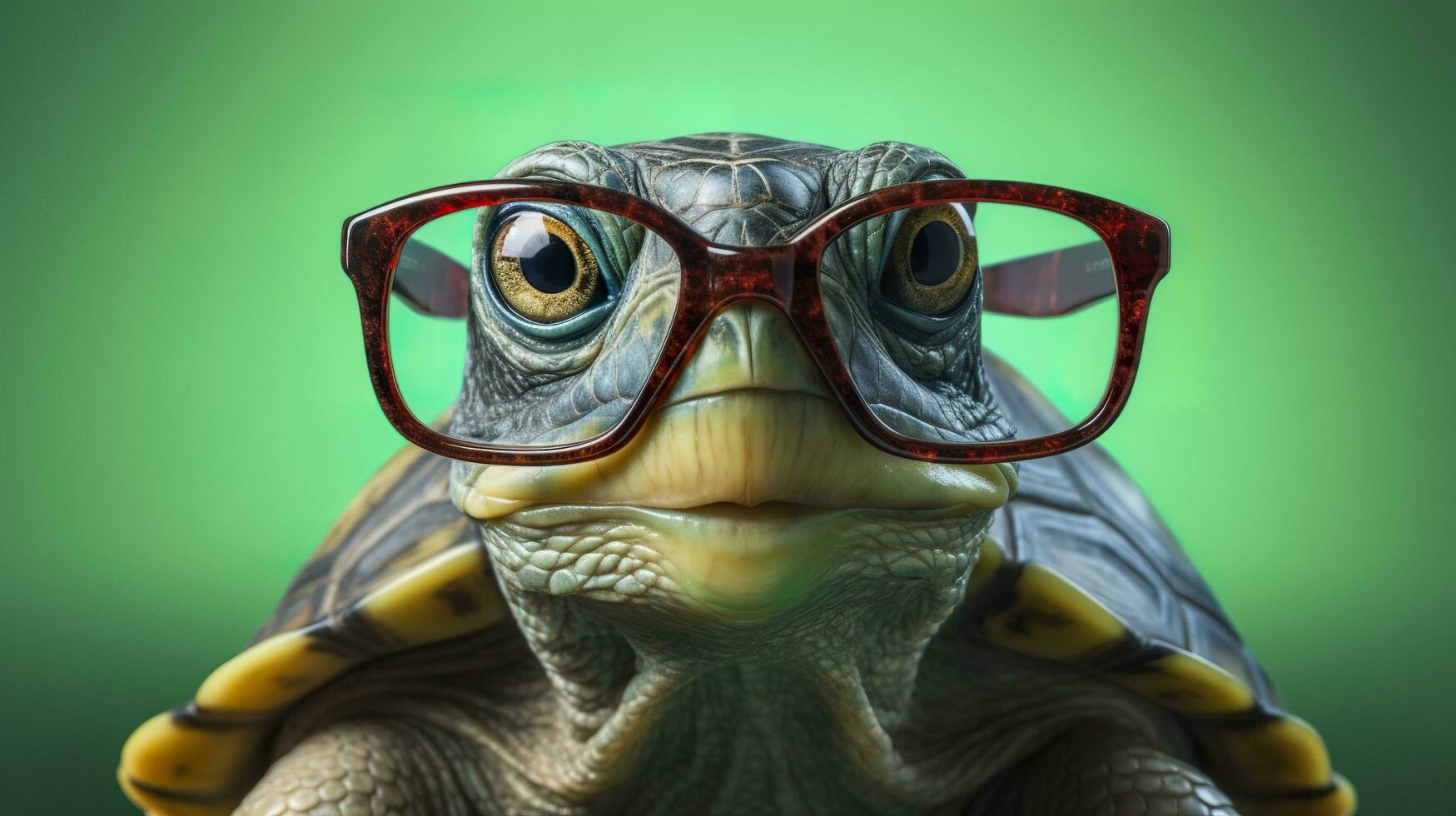 un linda pequeño verde Tortuga con anteojos, generar ai foto