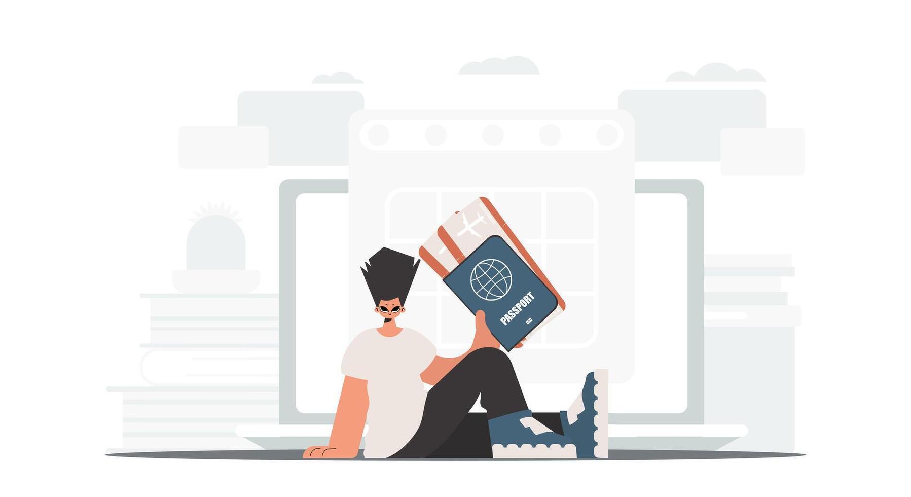 A man sitting on the floor with a laptop and a book vector