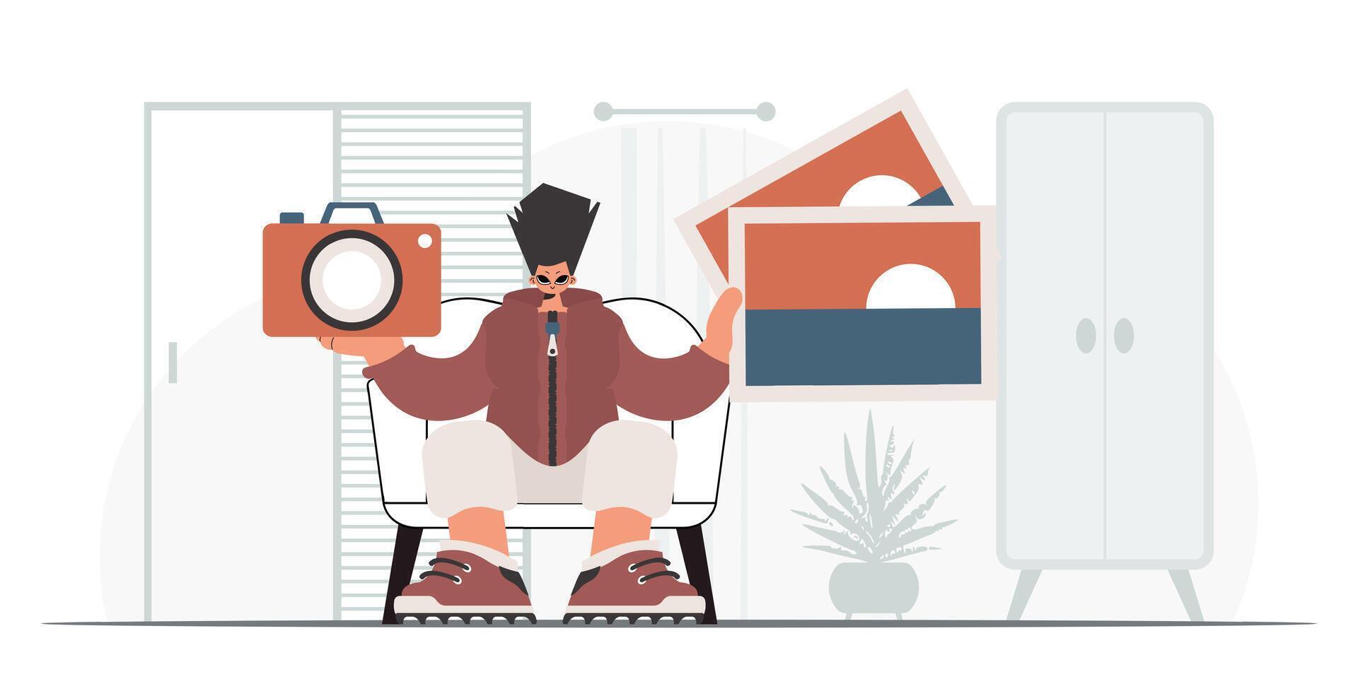 A man sitting in a chair with a radio and a suitcase vector