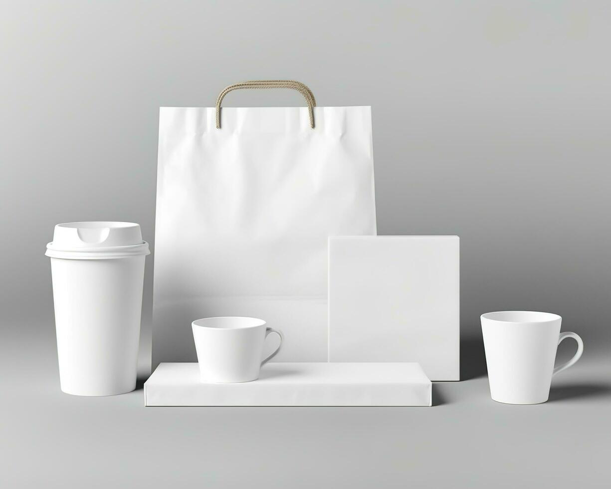 Blank bag, coffee mug, and cup on a light background. Generative AI photo