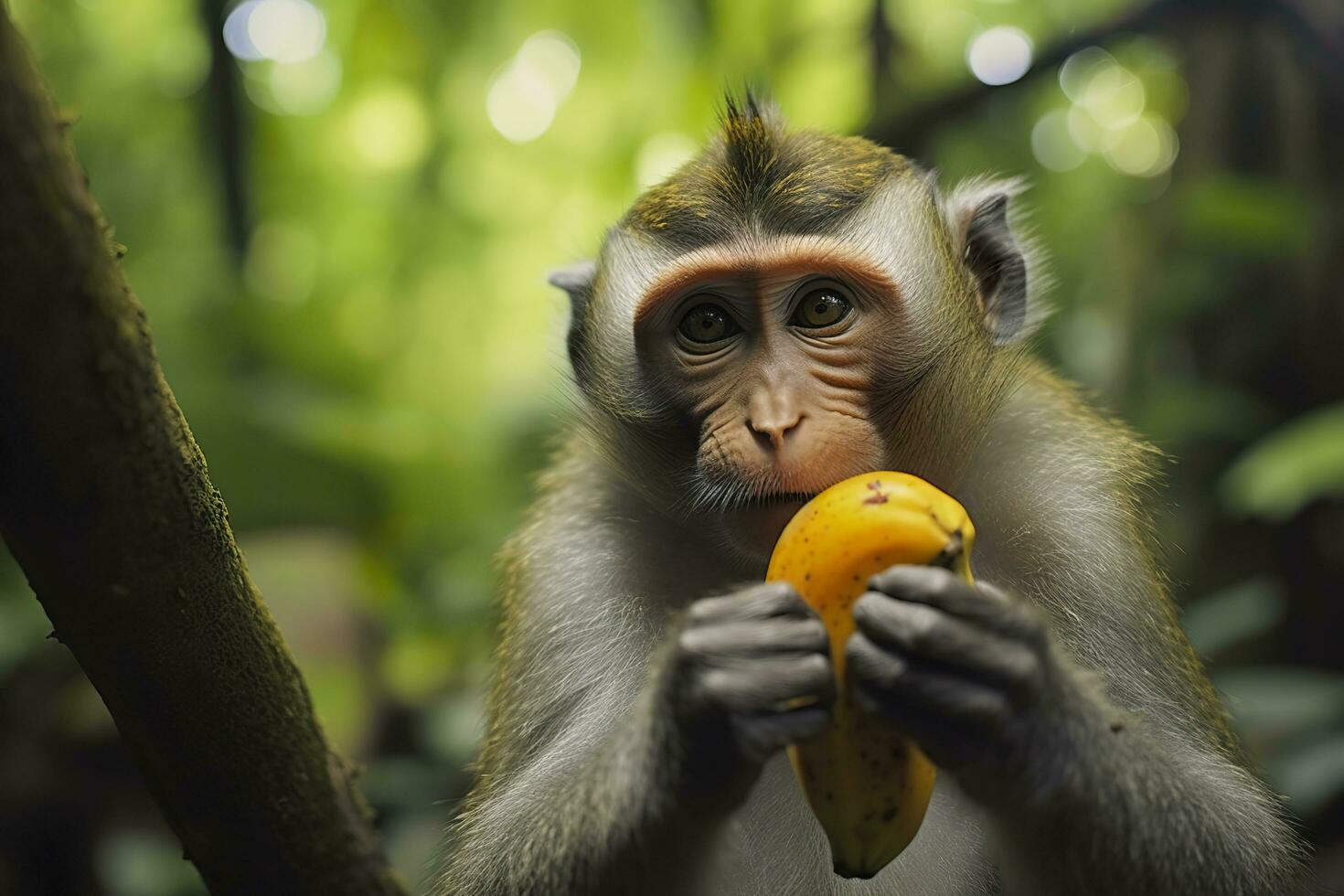 Close up of monkey eating fruit in the jungle. Generative AI photo