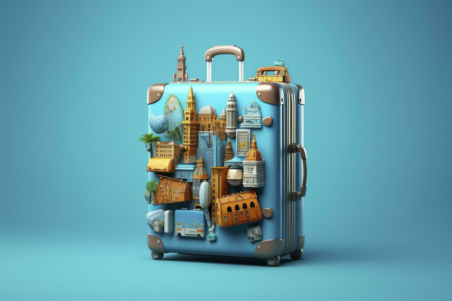 Blue suitcase full of landmarks and travel accessories on blue background. Generative AI photo