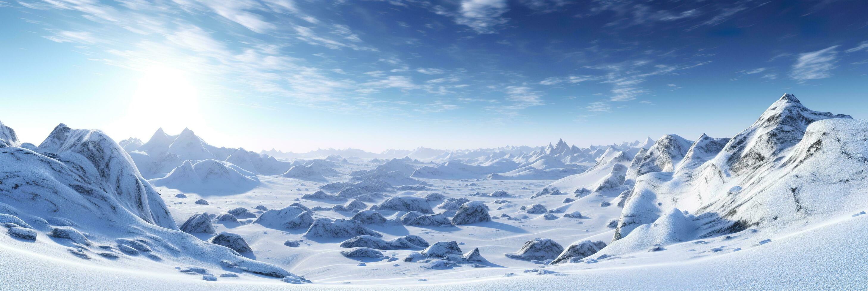 vast desolated snow land, big mountains in the background, snowfall with light blue sky and light blue colors, peaceful atmosphere,  AI Generative photo