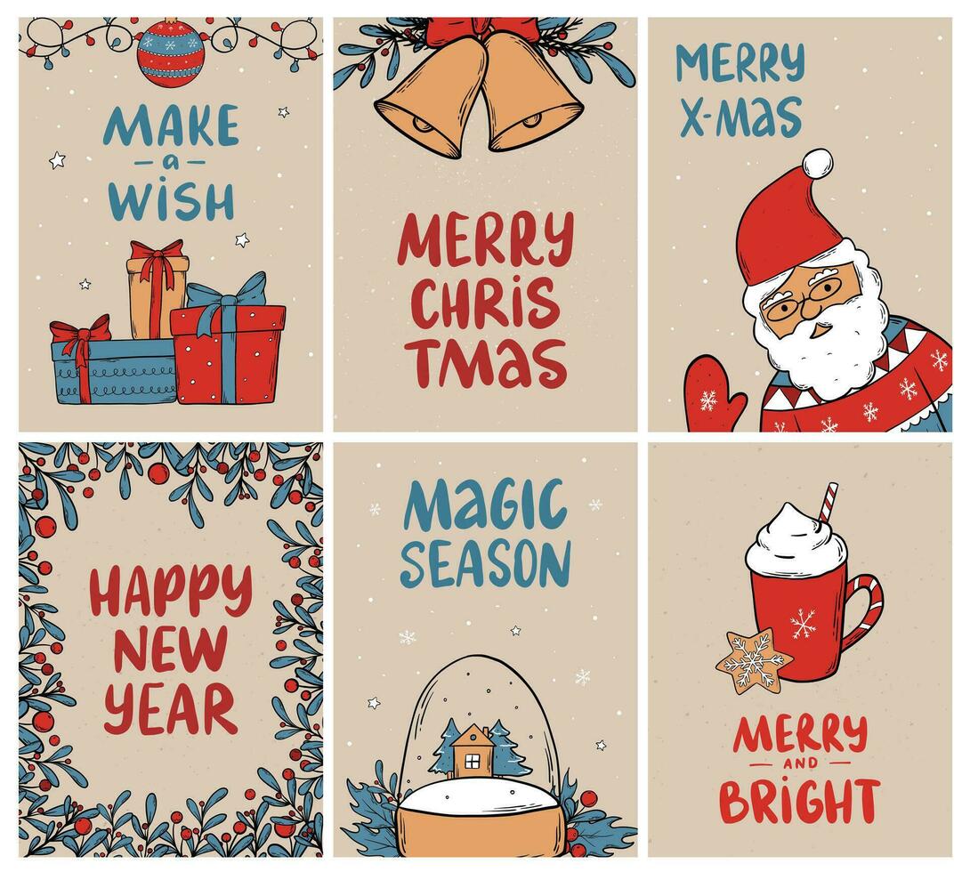 Christmas posters, greeting cards, banners, invitations collection decorated with doodles, decorative elements and quotes. EPS 10 vector