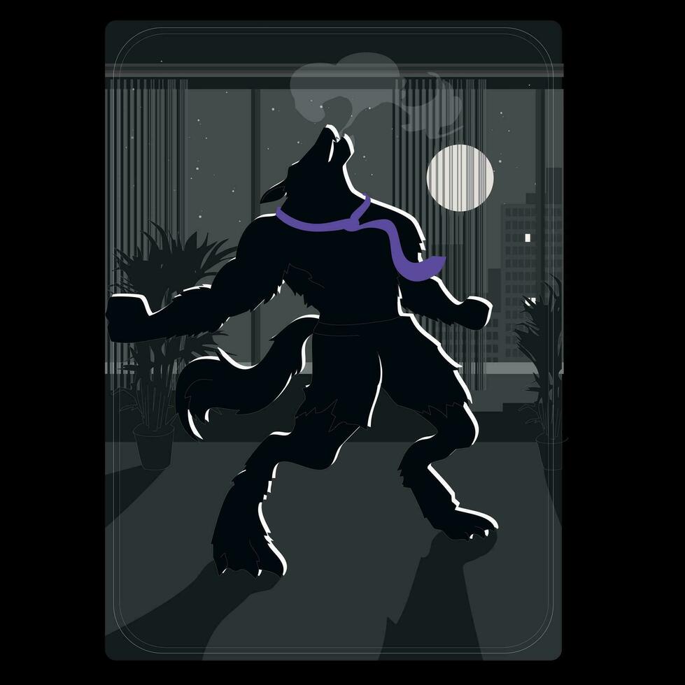 Dark illustration of an office werewolf. A werewolf silhouette card in the office vector