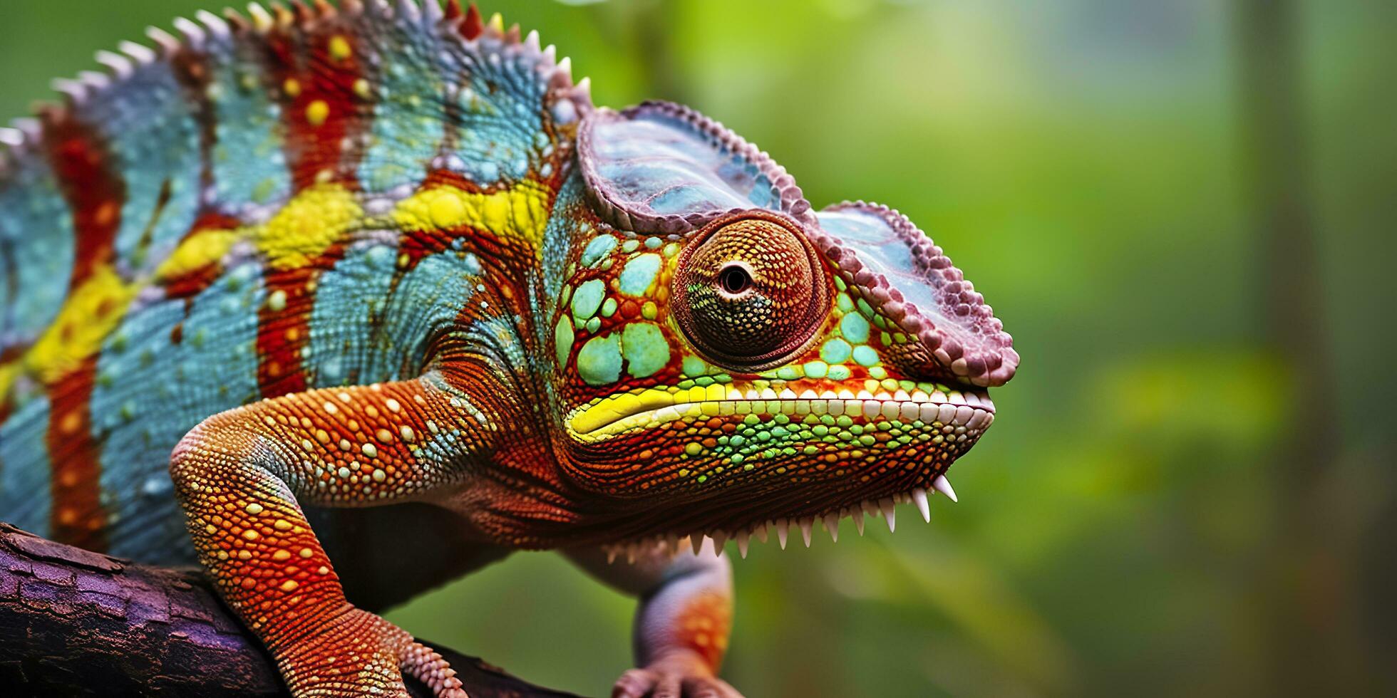 A colorful close up chameleon with a high crest on its head. Generative AI photo