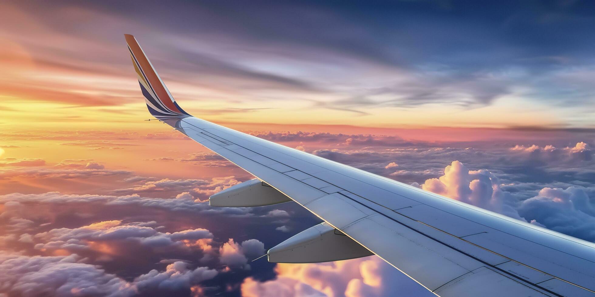 Airplane plane wing at sunset time through clouds, AI Generative photo