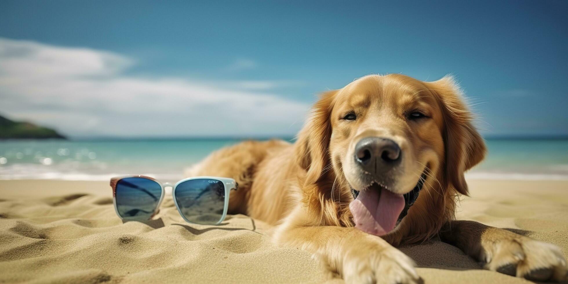 Golden Retriever dog is on summer vacation at seaside resort and relaxing rest on summer beach of Hawaii. AI Generative photo