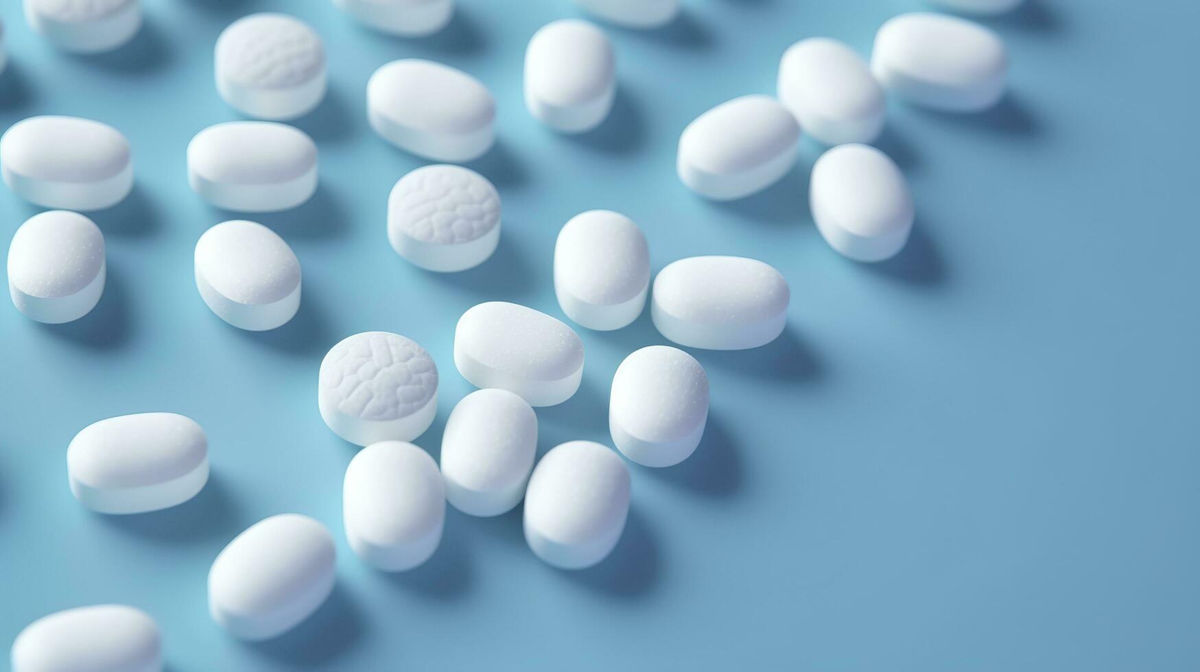 Top view white medicine tablets antibiotic pills on a soft blue background, copy space, Pharmacy theme, AI Generative photo