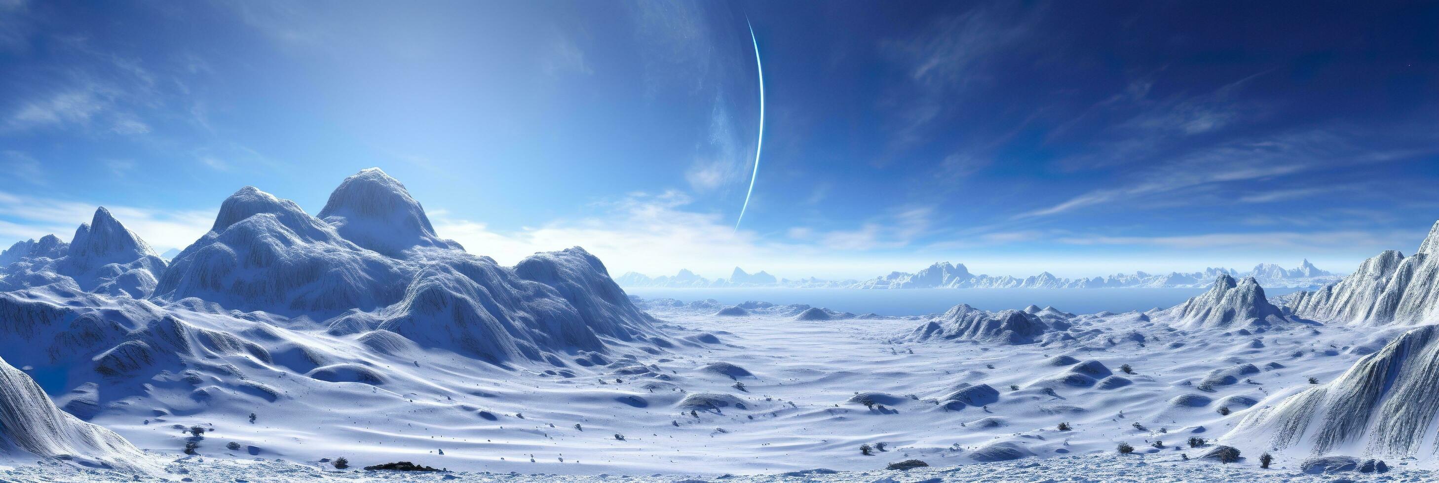 vast desolated snow land, big mountains in the background, snowfall with light blue sky and light blue colors, peaceful atmosphere,  AI Generative photo