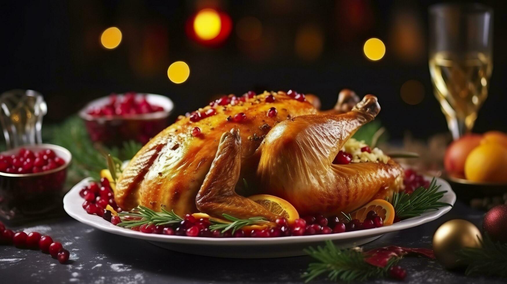 Juicy and tasty roast turkey on a plate with Christmas decorations. Roasted chicken with vegetables, Roast chicken party, all kinds of food, beer. AI Generative photo