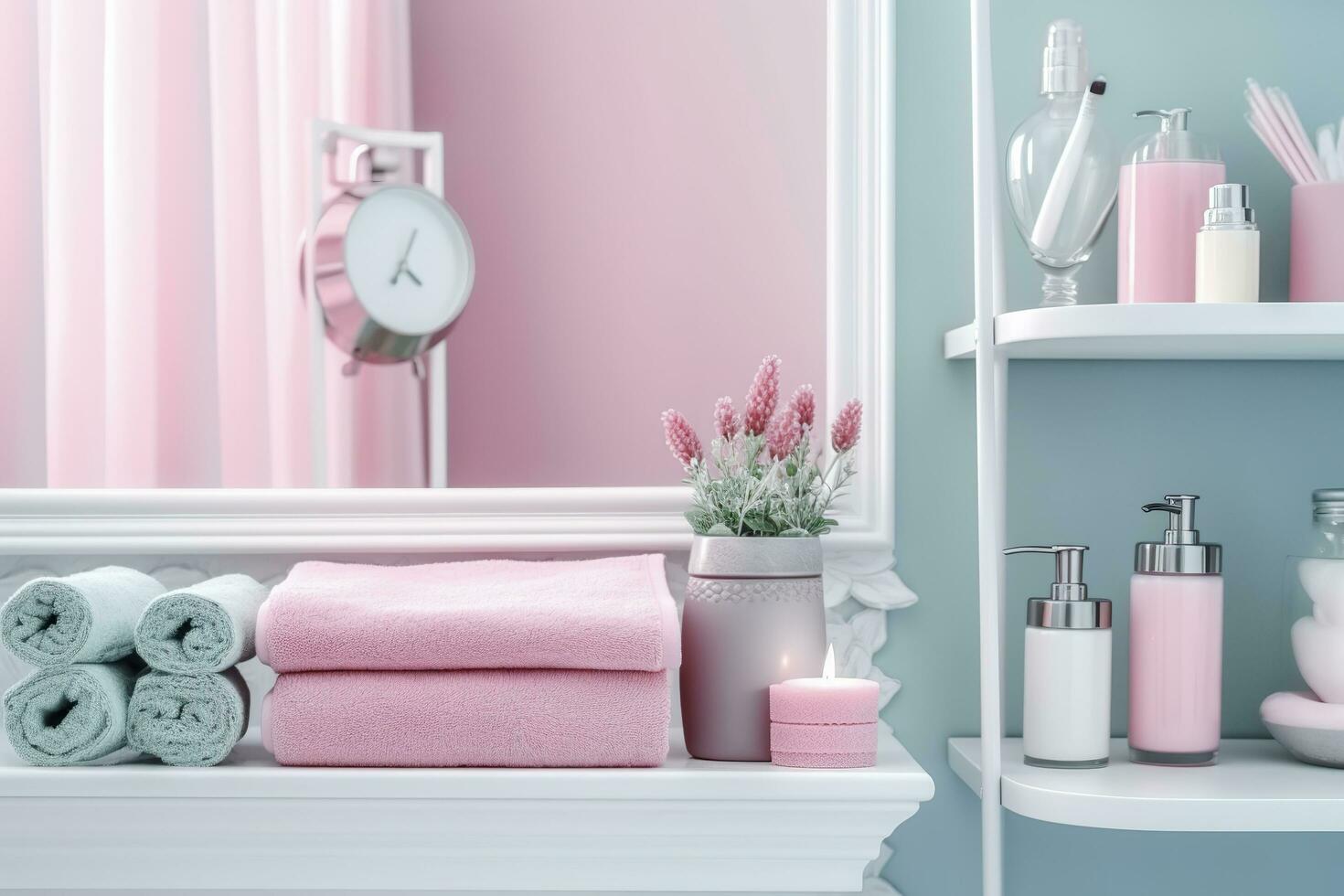 A pastel bathroom shelf with pink skincare products, copy space, banner, pink and pastel blue bright palette, barbiecore. AI Generative photo